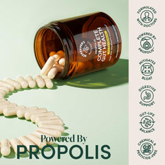 Beekeeper's Naturals arranged ingredients showing propolis, spores, tributyrate