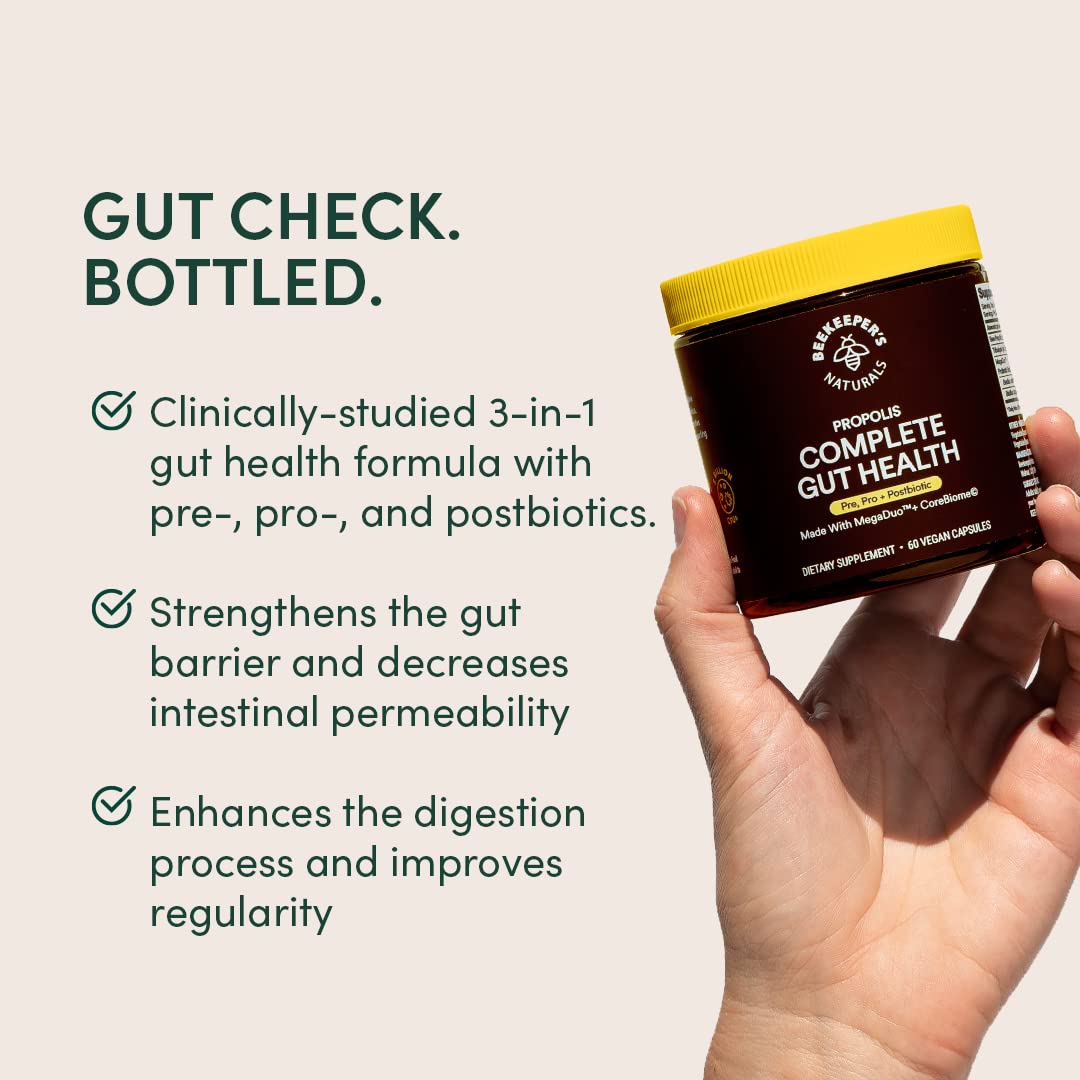 Beekeeper's Naturals label detail highlighting prebiotic probiotic postbiotic blend