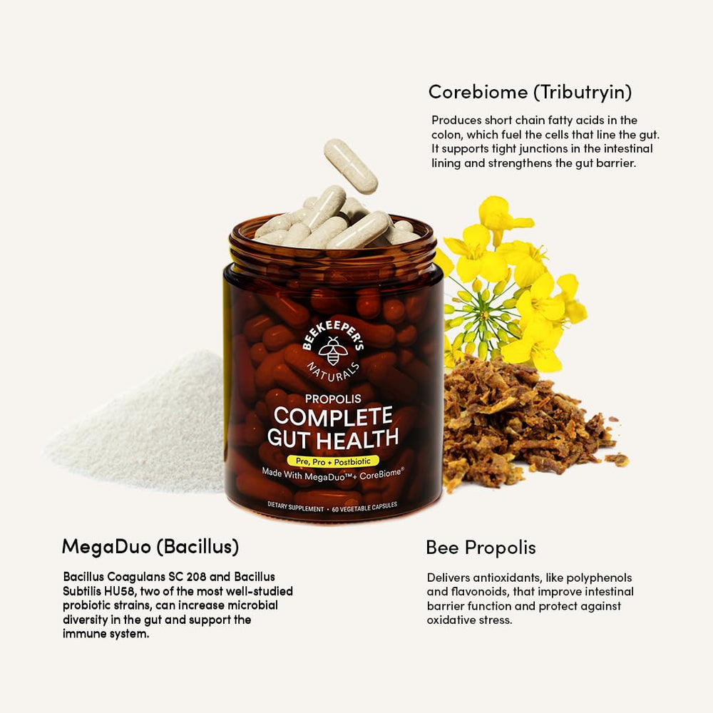 Beekeeper's Naturals next to a ruler showing capsule serving size and scale
