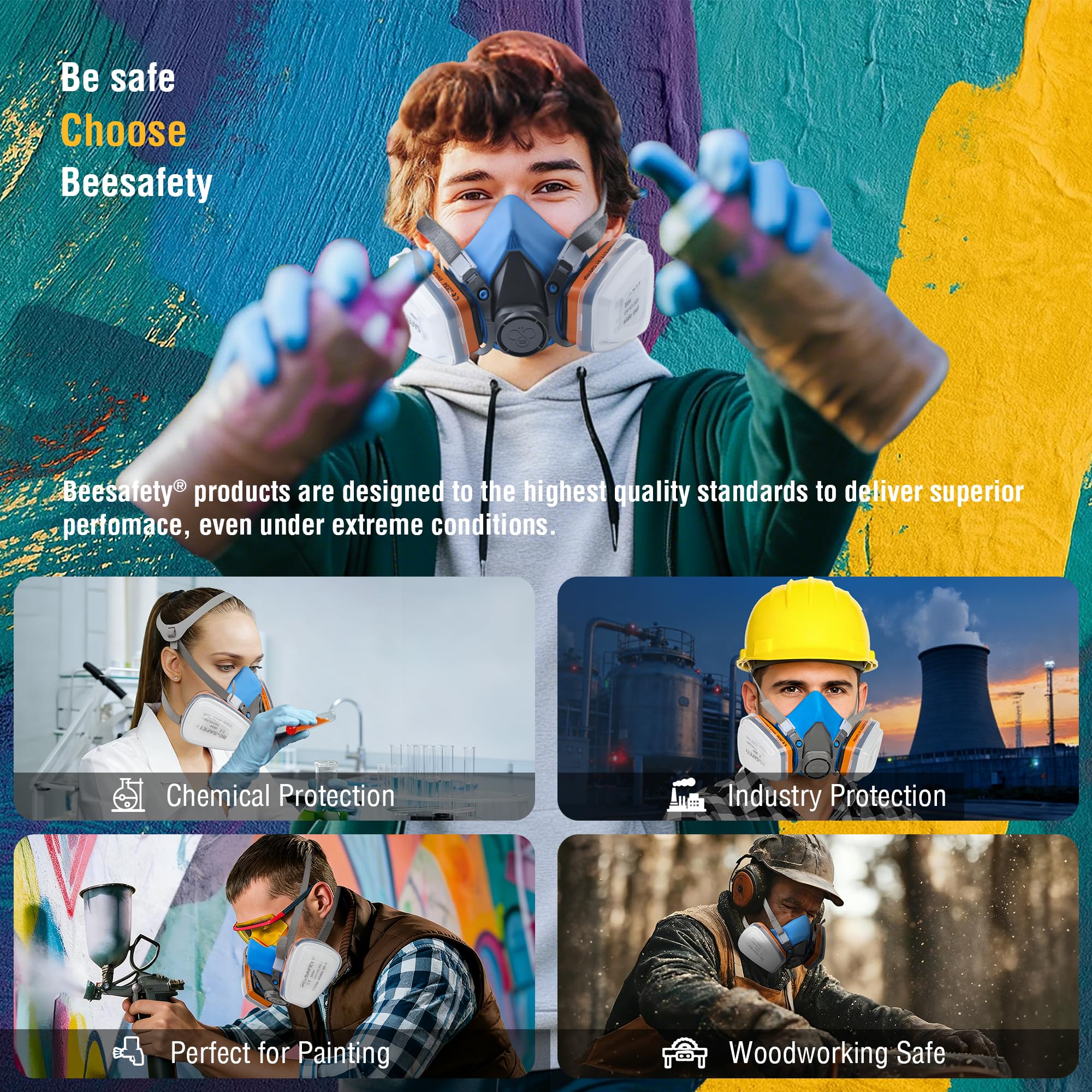 BEESAFETY mask in use during painting demonstrating combined vapor and dust protection