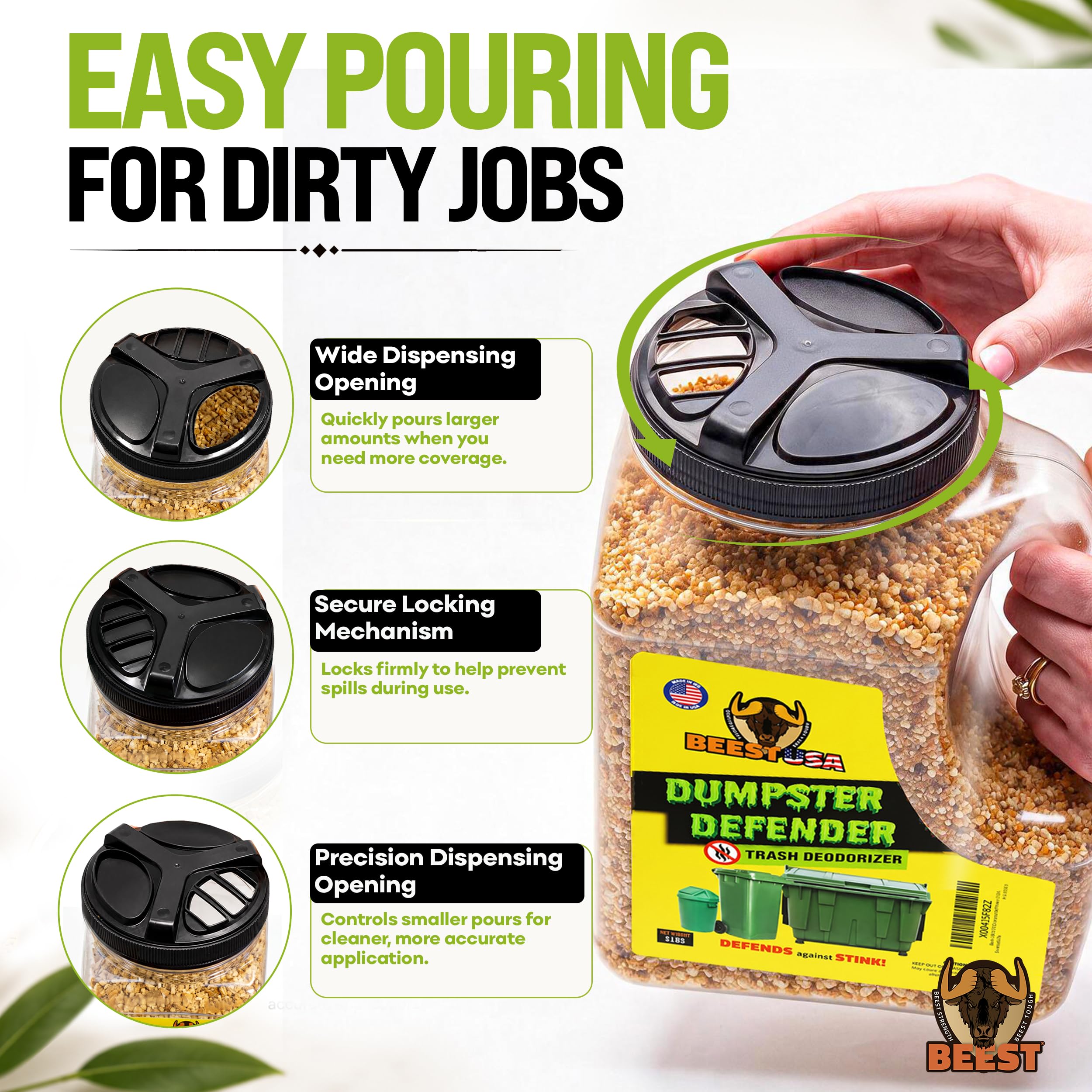 BEEST being sprinkled into a trash can for easy odor control