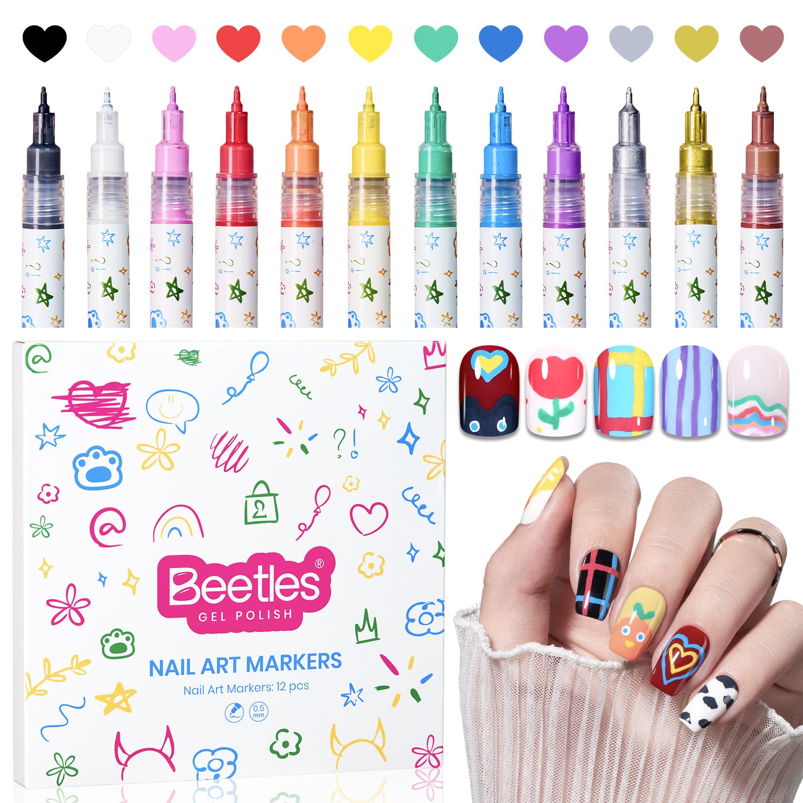 beetles Gel Polish front packaging showing 12 colorful pens and compact case benefit organization