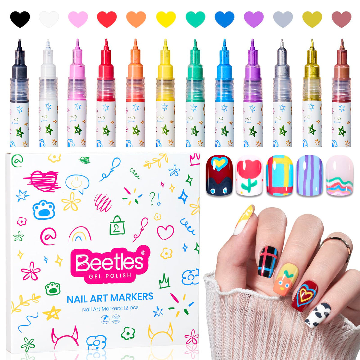 beetles Gel Polish front packaging showing 12 colorful pens and compact case benefit organization