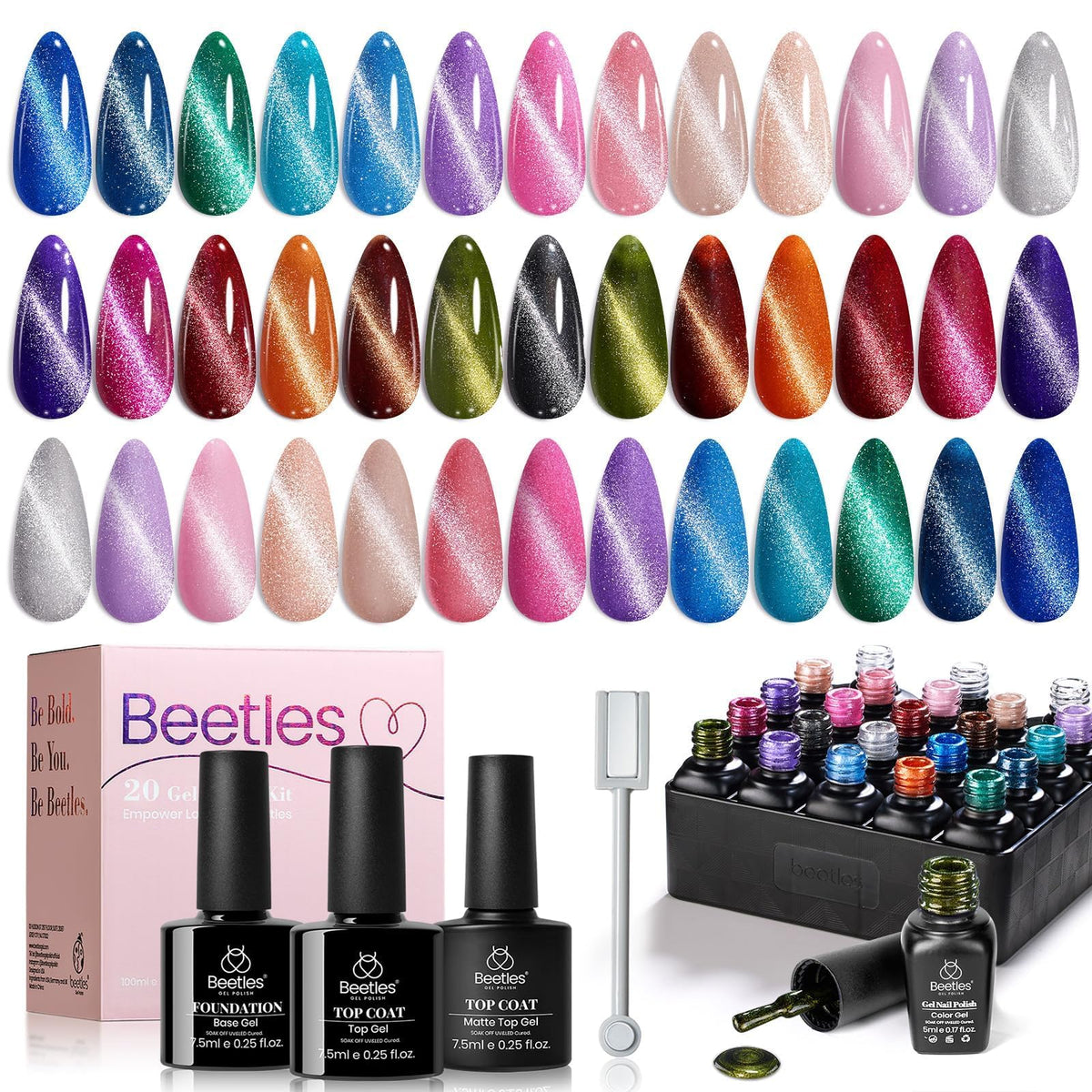 beetles front packaging showing 20-color kit and included tools for versatile manicures