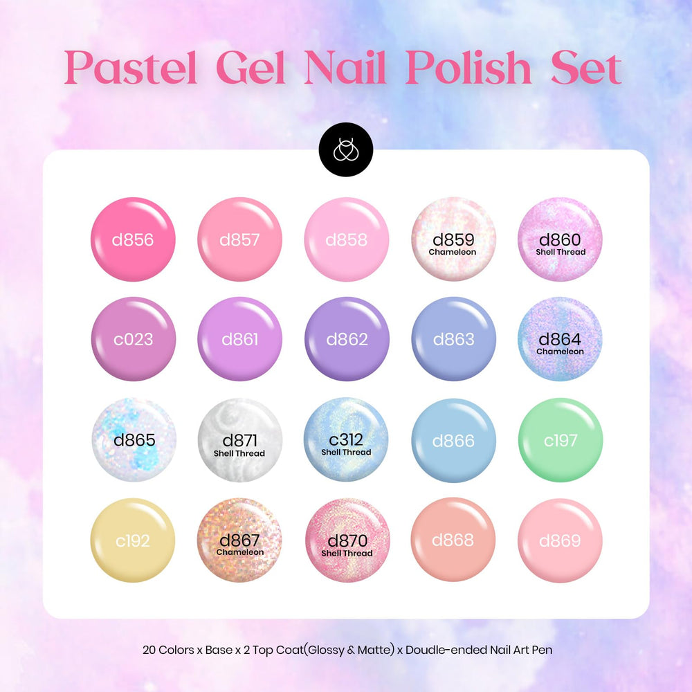 Beetles Gel Polish color swatch fan displaying 20 pastel macaron shades