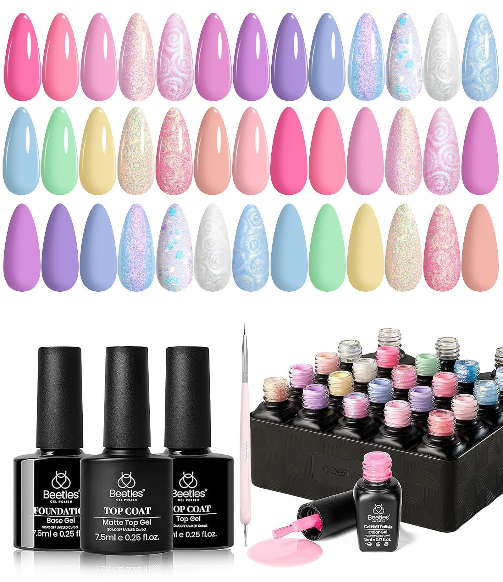 Beetles Gel Polish front packaging showing all 24 kit items and benefits