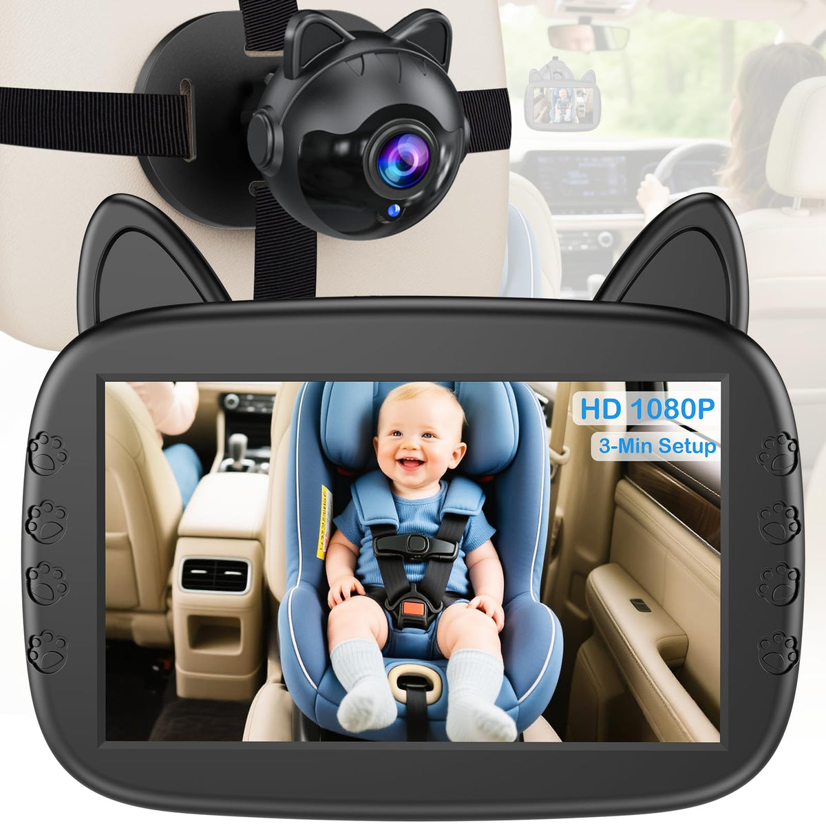Befumly front monitor view showing clear HD feed and safe driving benefit