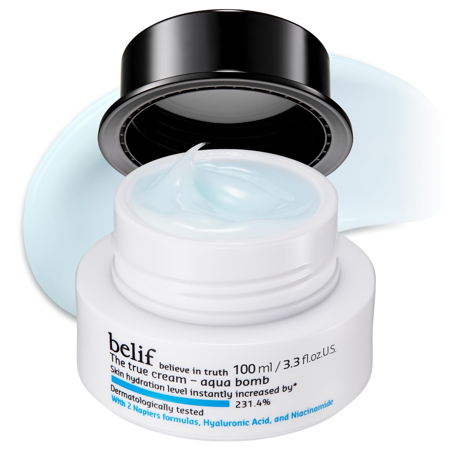 belif front jar of Aqua Bomb showing clean packaging and quick hydration benefit