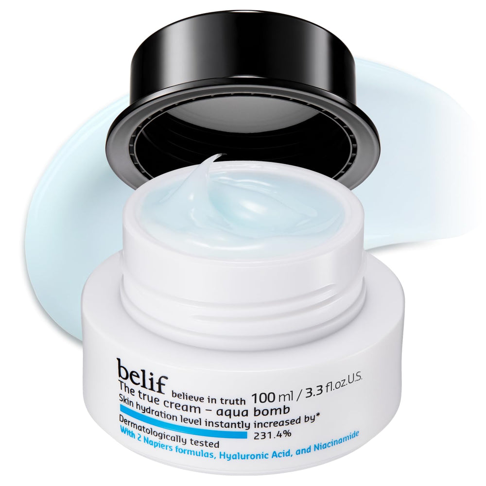 belif front jar of Aqua Bomb showing clean packaging and quick hydration benefit
