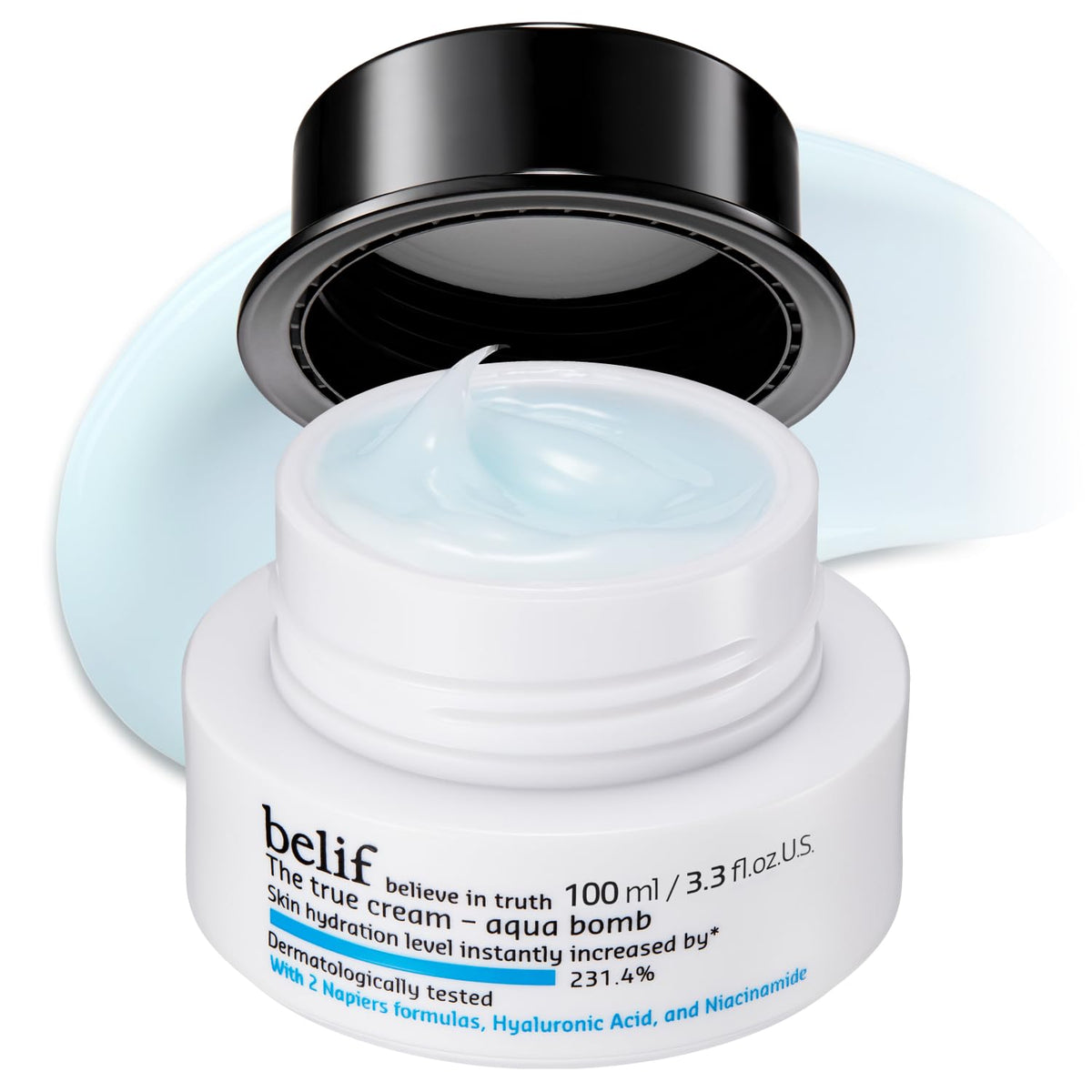 belif front jar of Aqua Bomb showing clean packaging and quick hydration benefit
