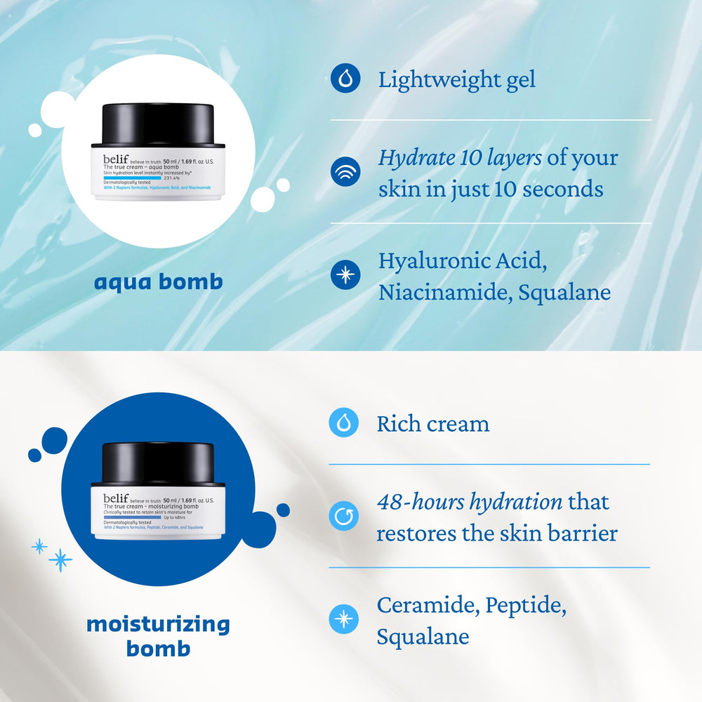 belif ingredient display with hyaluronic acid and niacinamide bottles for proven hydration benefit