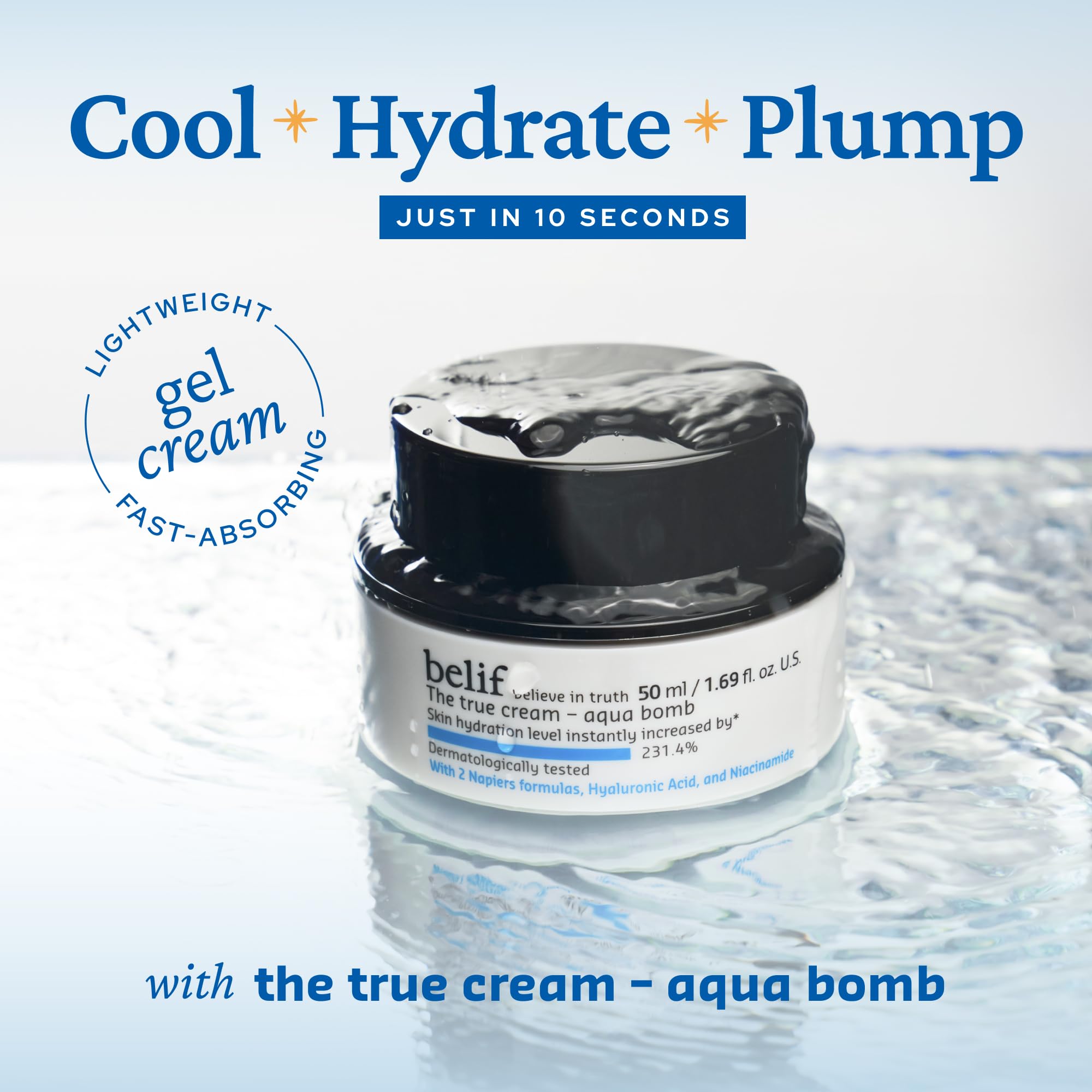 belif close-up of Aqua Bomb gel texture highlighting fast-absorbing hydration