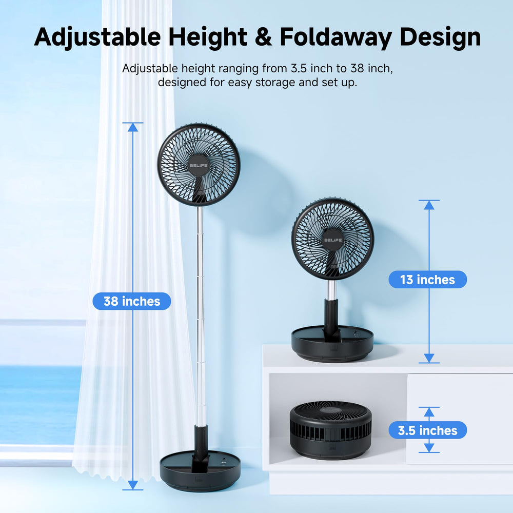 Belife X8 extended to full 38 inches as standing fan delivering broad airflow