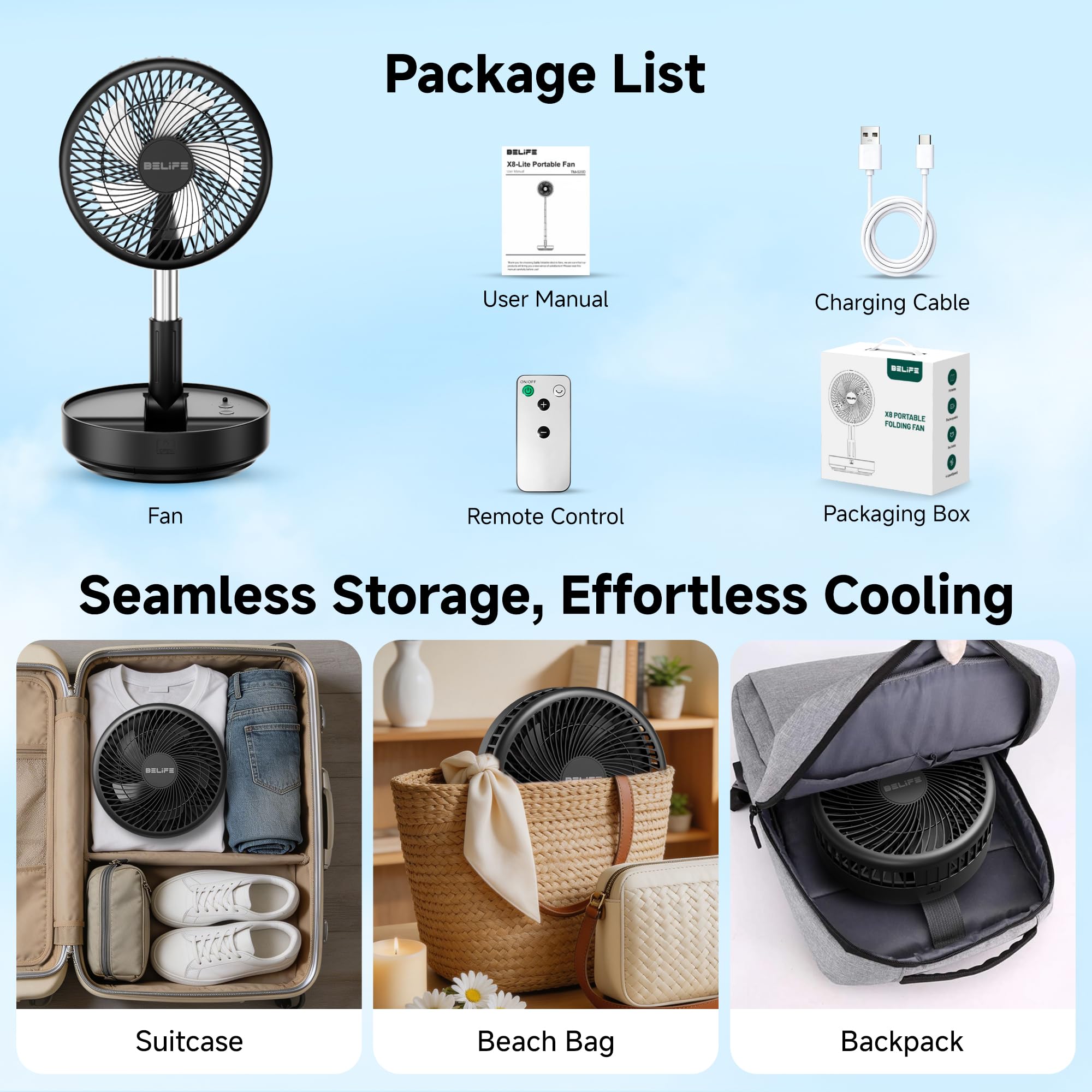 Belife X8 inside a tent illustrating cordless cooling for camping comfort