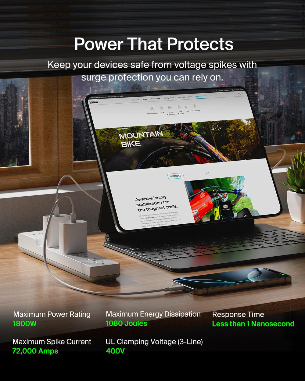 Belkin power strip with 6ft cord draped across desk for easy placement benefit