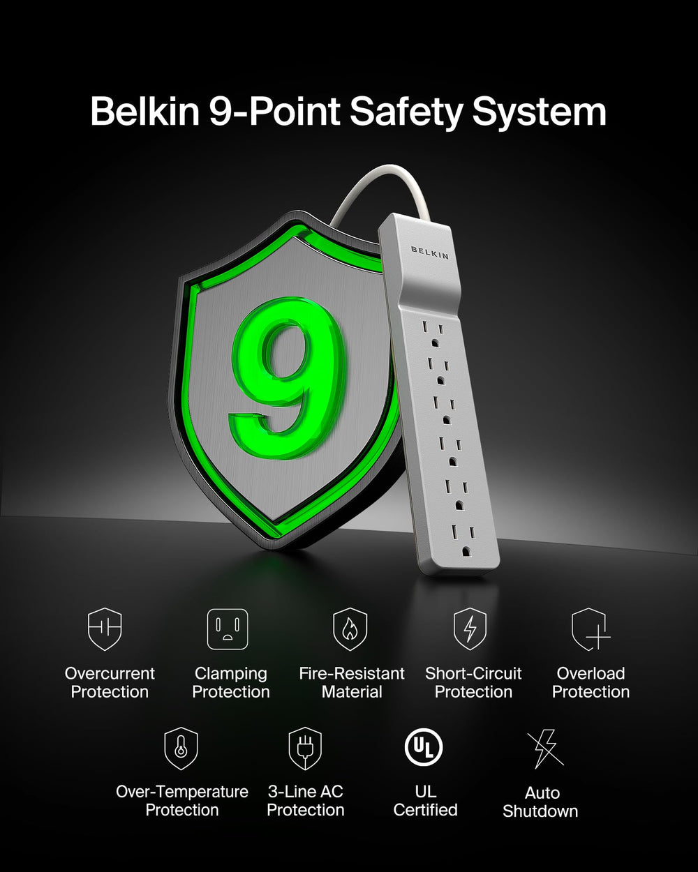 Belkin power strip powering laptop, monitor, and phone for organized workspace benefit