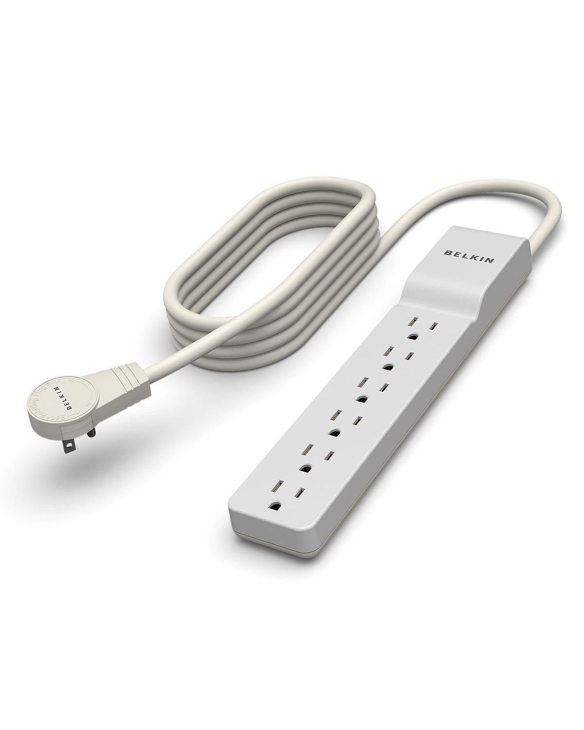 Belkin front view of power strip showing six outlets and compact design benefit