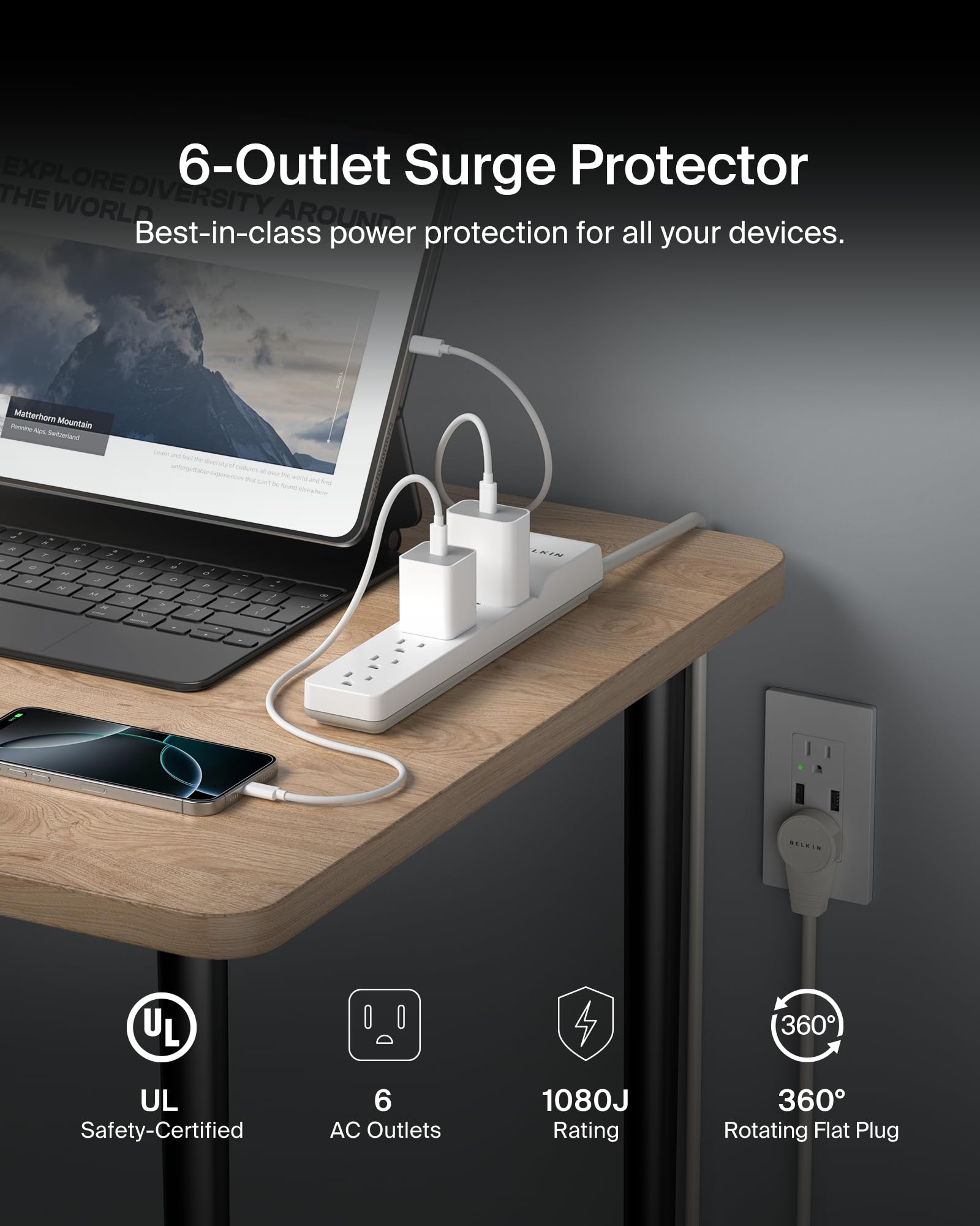 Belkin close-up of widely spaced outlets to fit large adapter bricks benefit