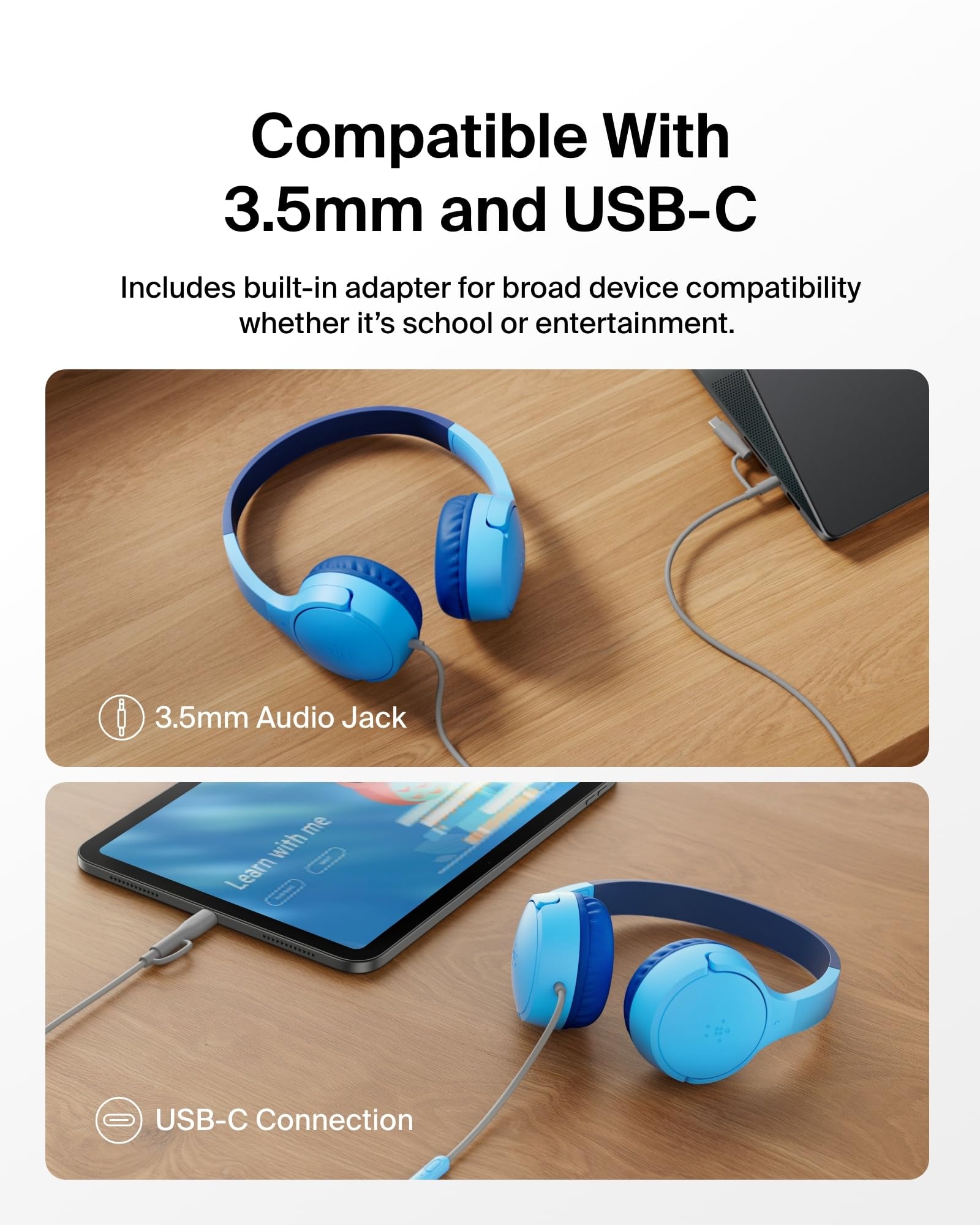 Belkin SoundForm Mini USB-C dongle detail showing adapter connection and simple controls, easy compatibility