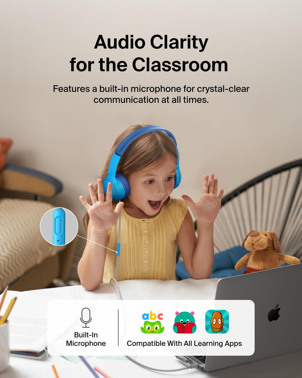 Belkin SoundForm Mini ear cushion closeup showing soft padding and snug seal, comfortable for long wear