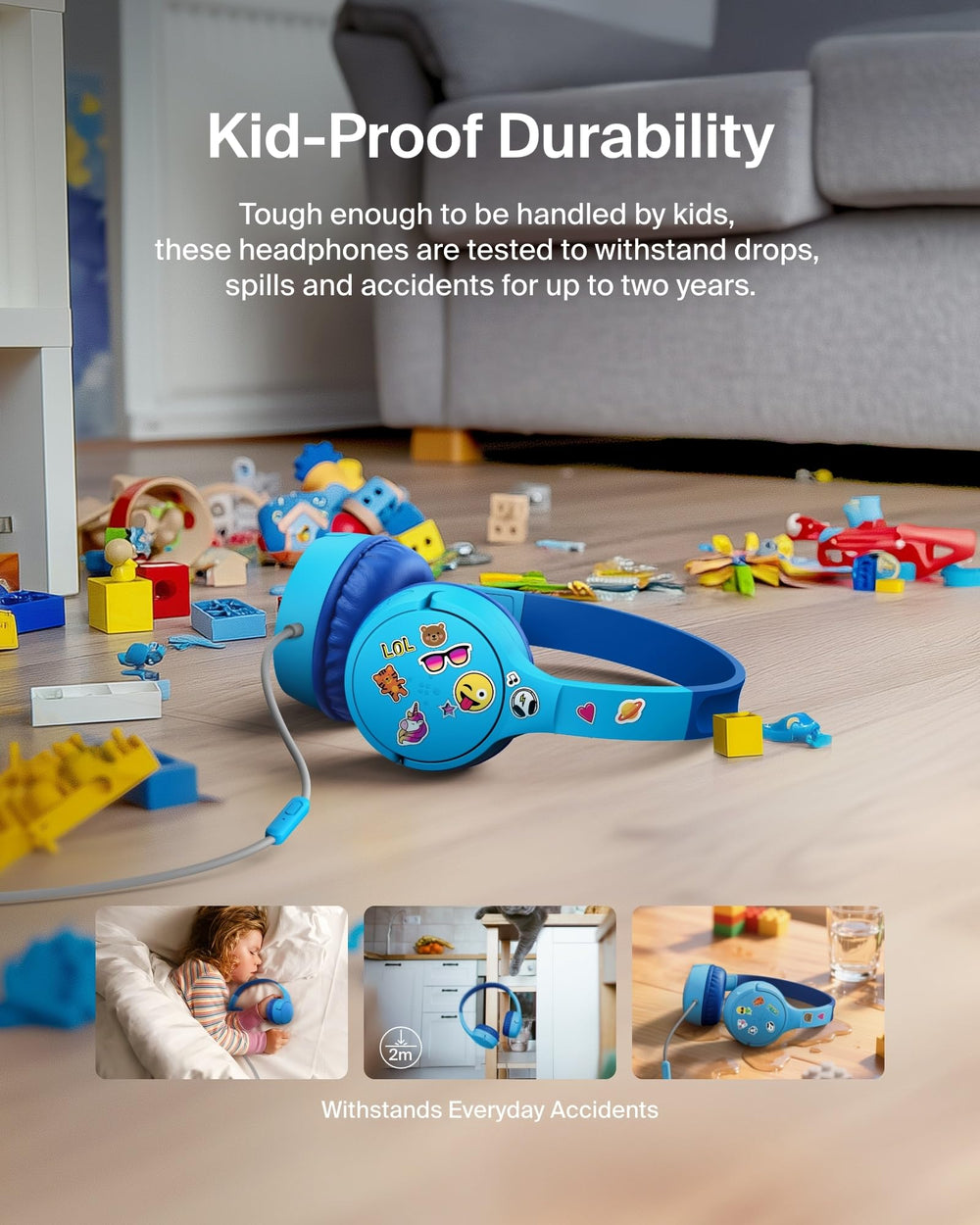 Belkin SoundForm Mini in use with child wearing headphones for learning, clear audio for online classes