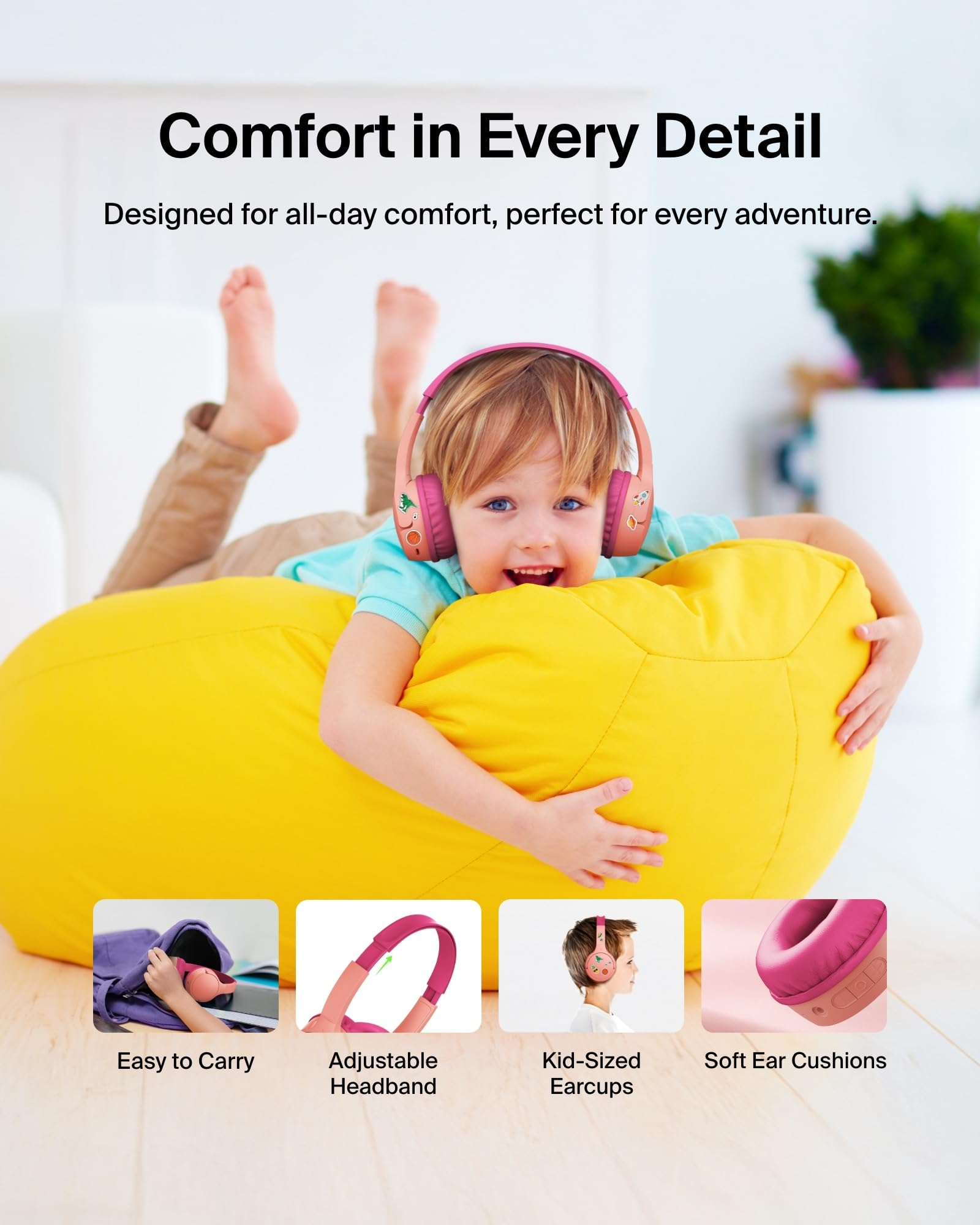 Belkin SoundForm Mini worn by child showing comfortable fit and safer listening while learning
