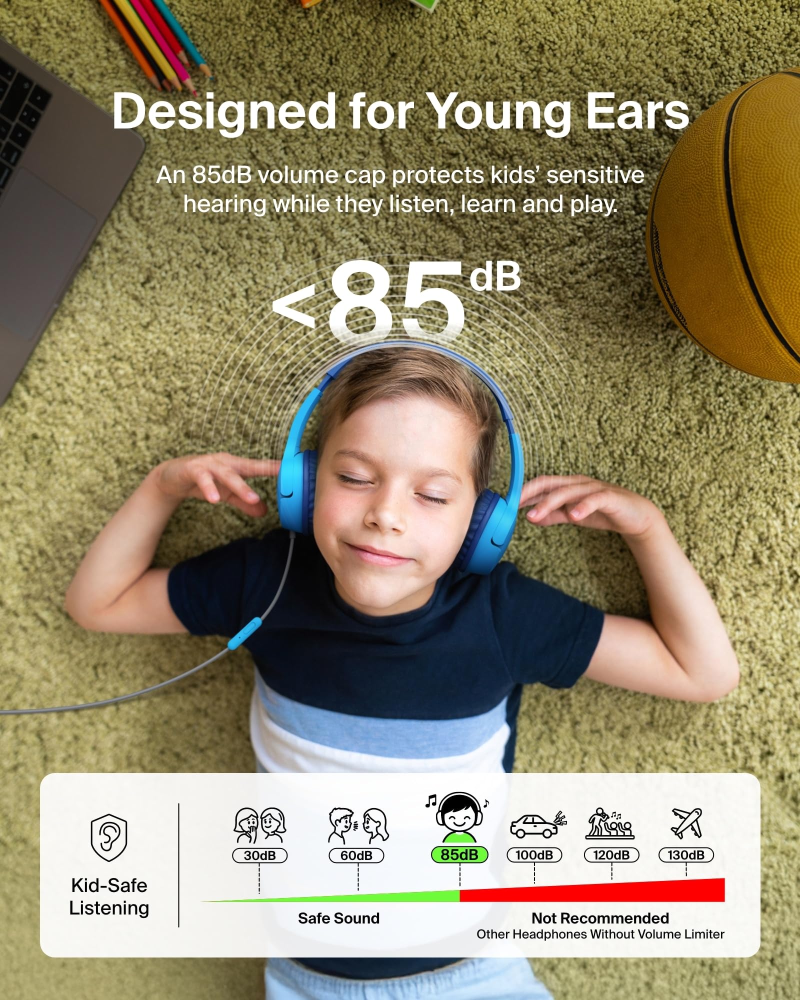 Belkin SoundForm Mini side profile displaying adjustable headband and durable hinge, built to last
