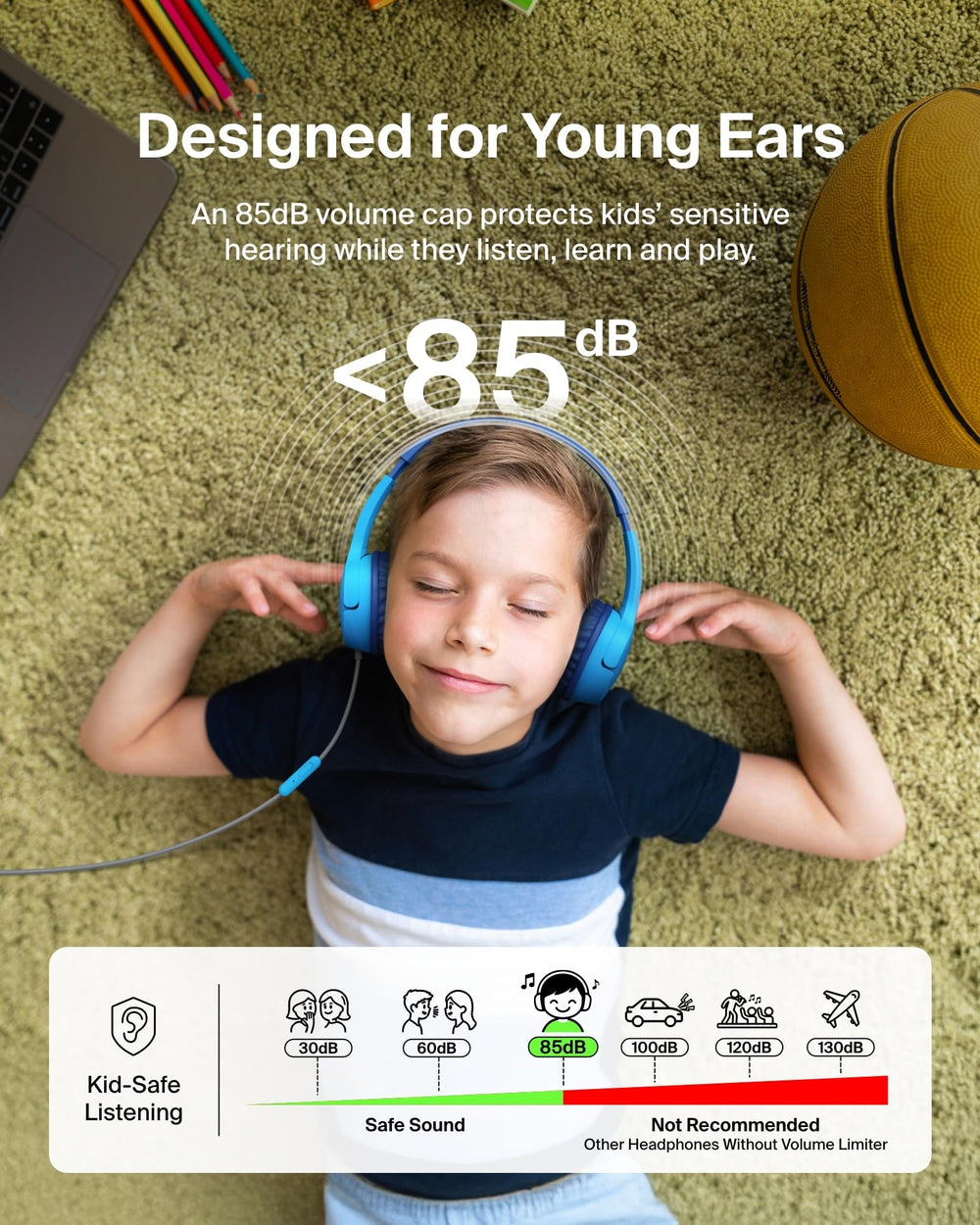 Belkin SoundForm Mini side profile displaying adjustable headband and durable hinge, built to last