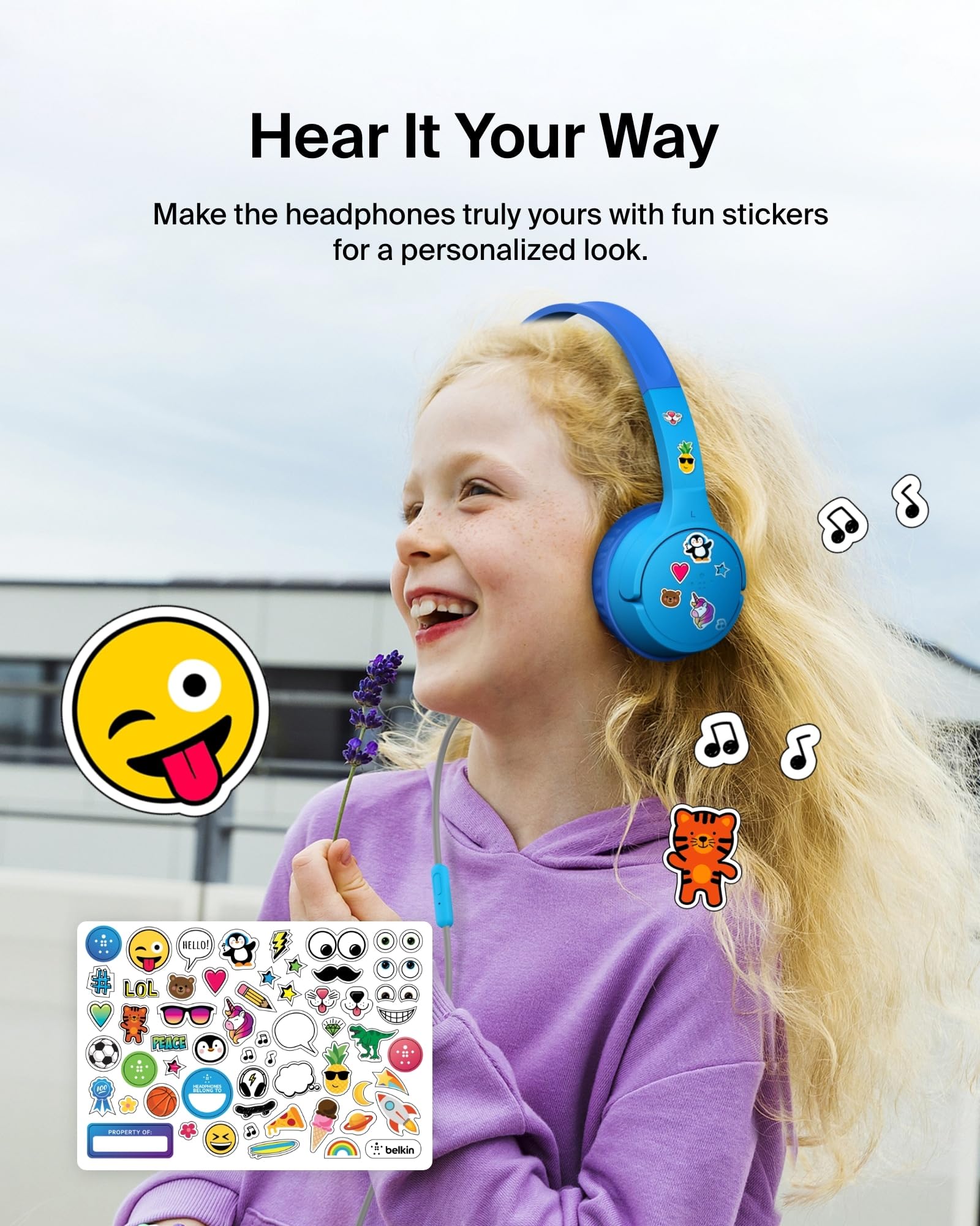 Belkin SoundForm Mini size comparison with tablet to show scale and portability for kids