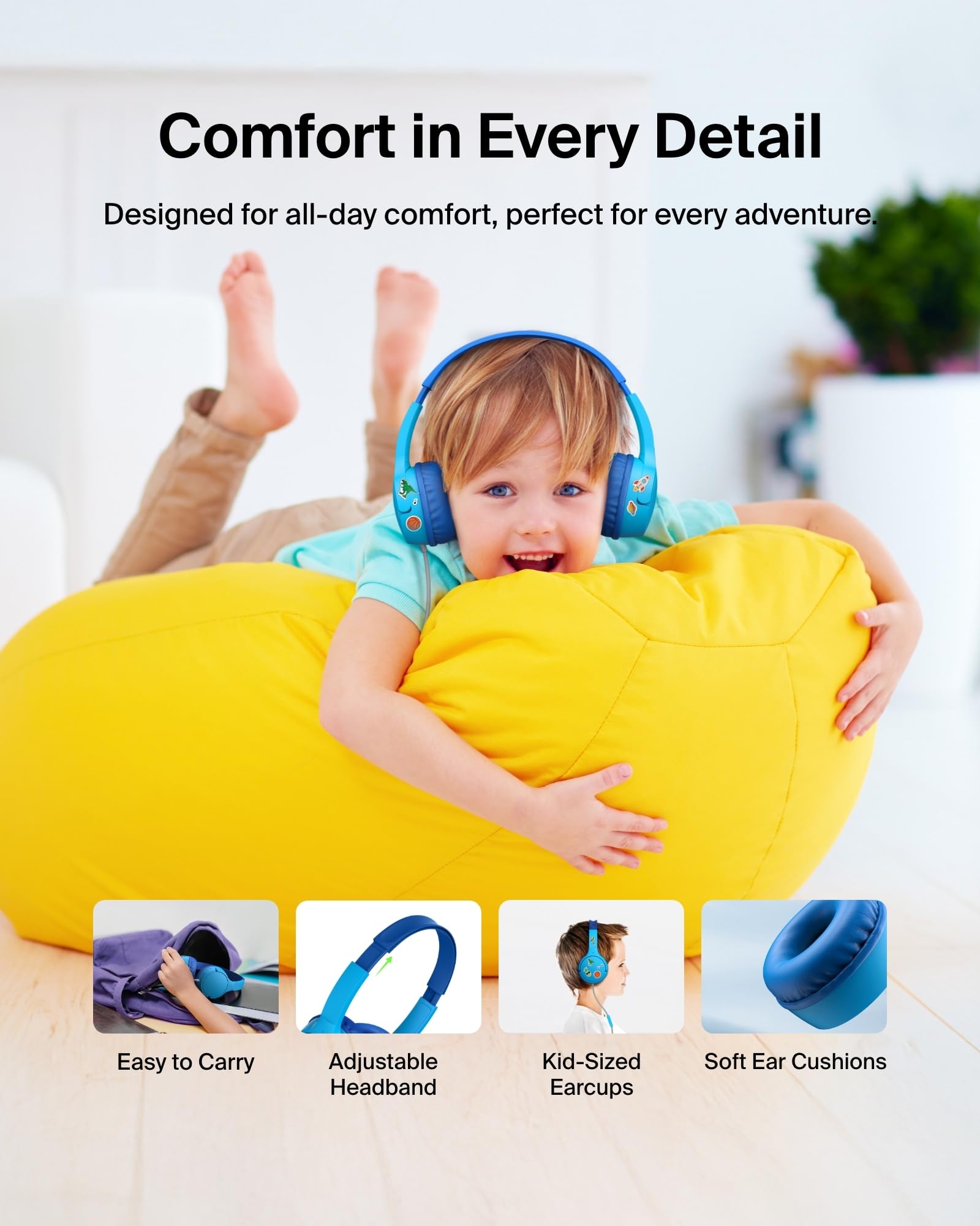 Belkin SoundForm Mini stickers and packaging laid out, customizable look kids can personalize