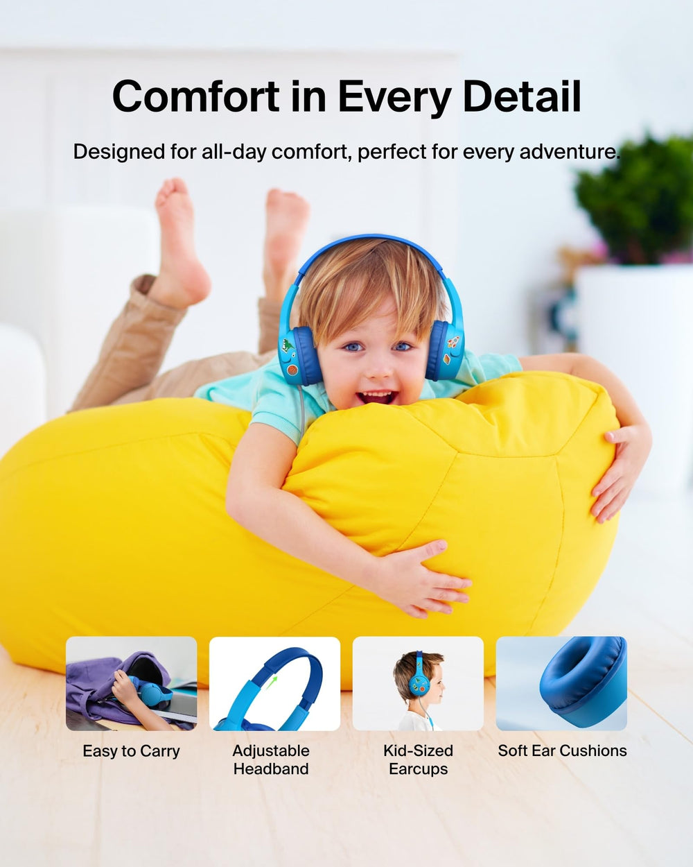 Belkin SoundForm Mini stickers and packaging laid out, customizable look kids can personalize