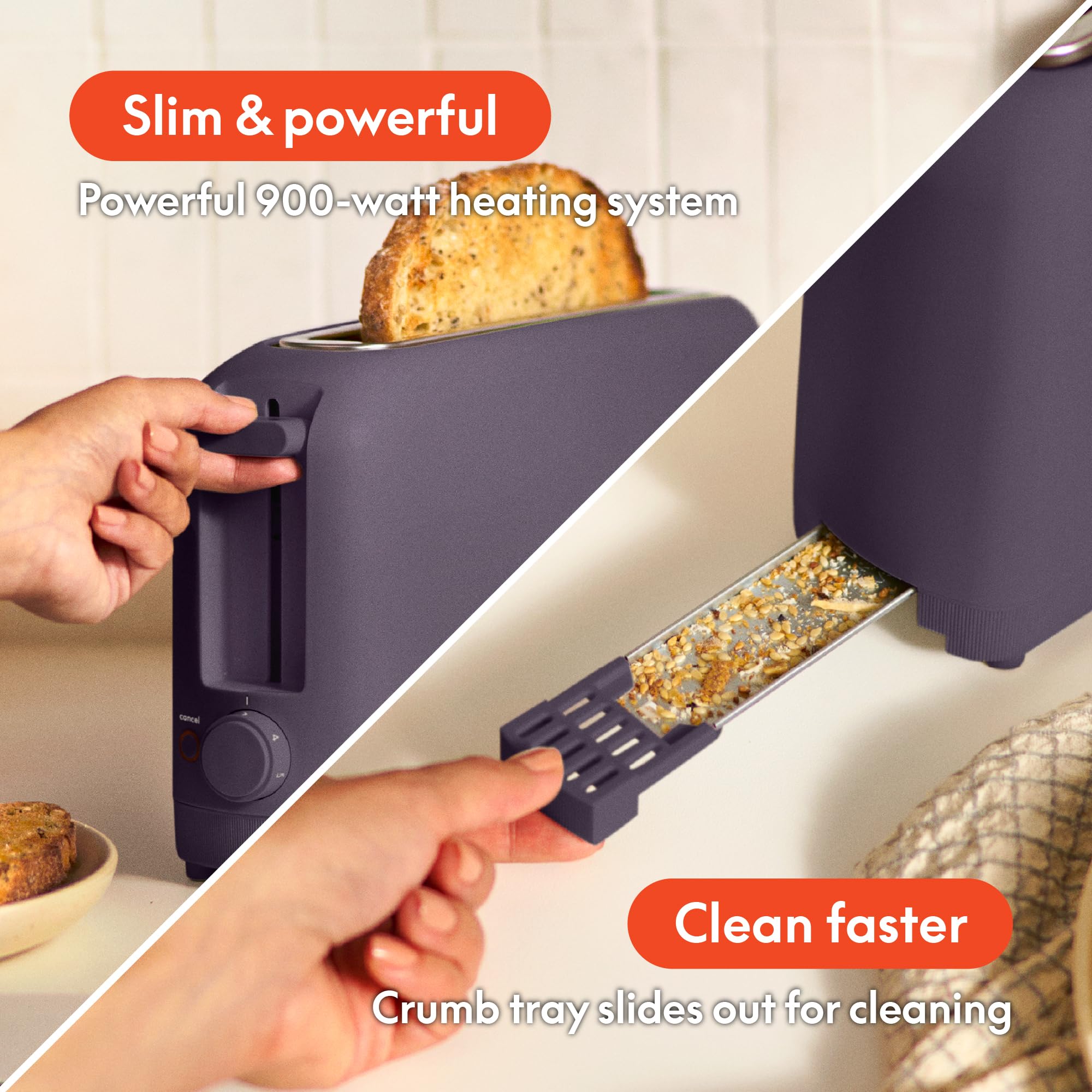 BELLA control dial and Reheat Cancel buttons offering customizable toasting