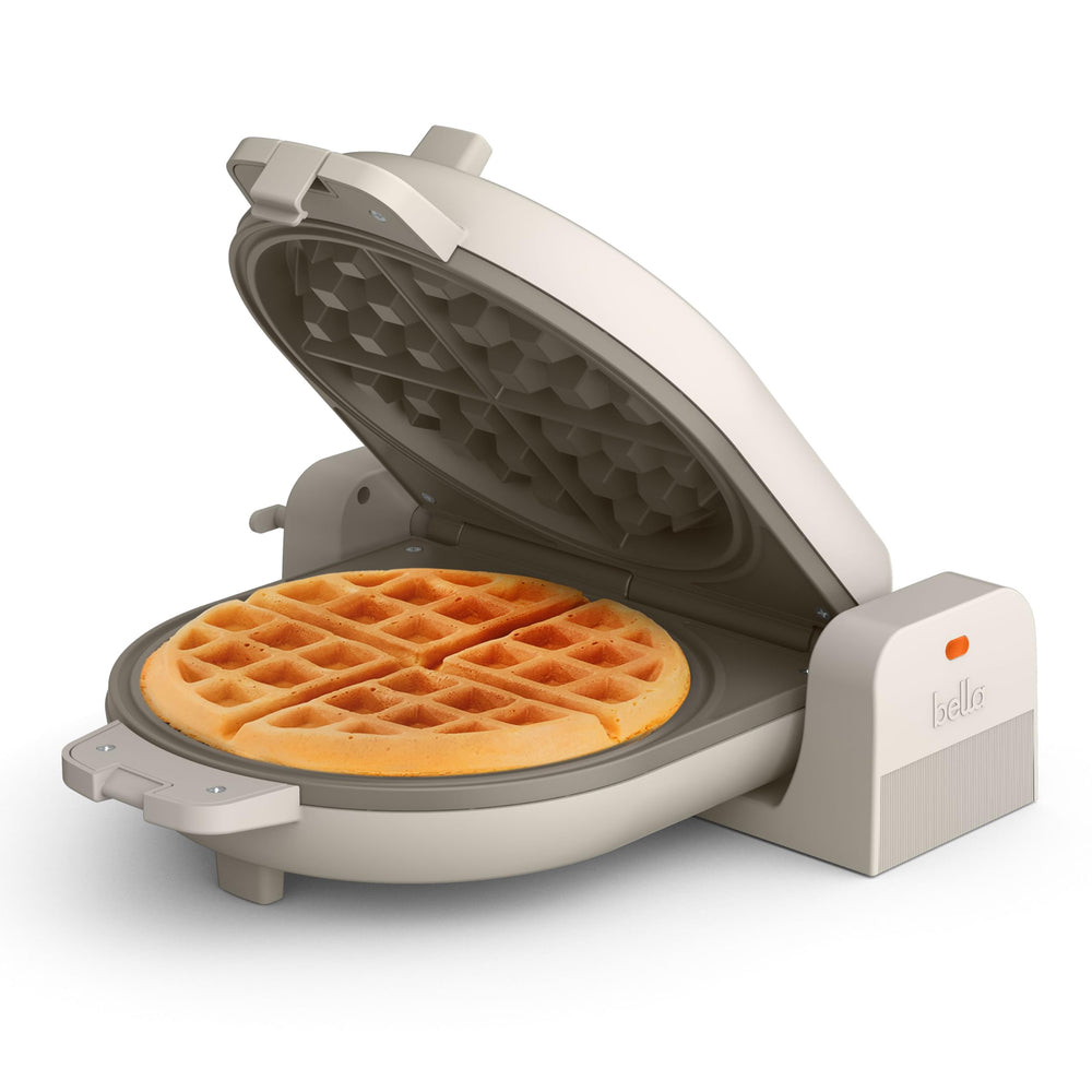 BELLA front view of waffle maker showing compact design and benefits