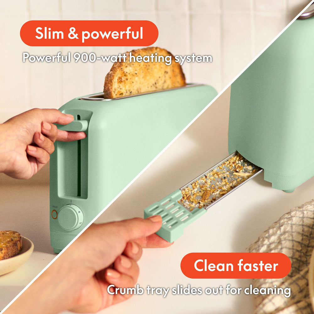 BELLA removable crumb tray detail for easy cleanup and tidy counters