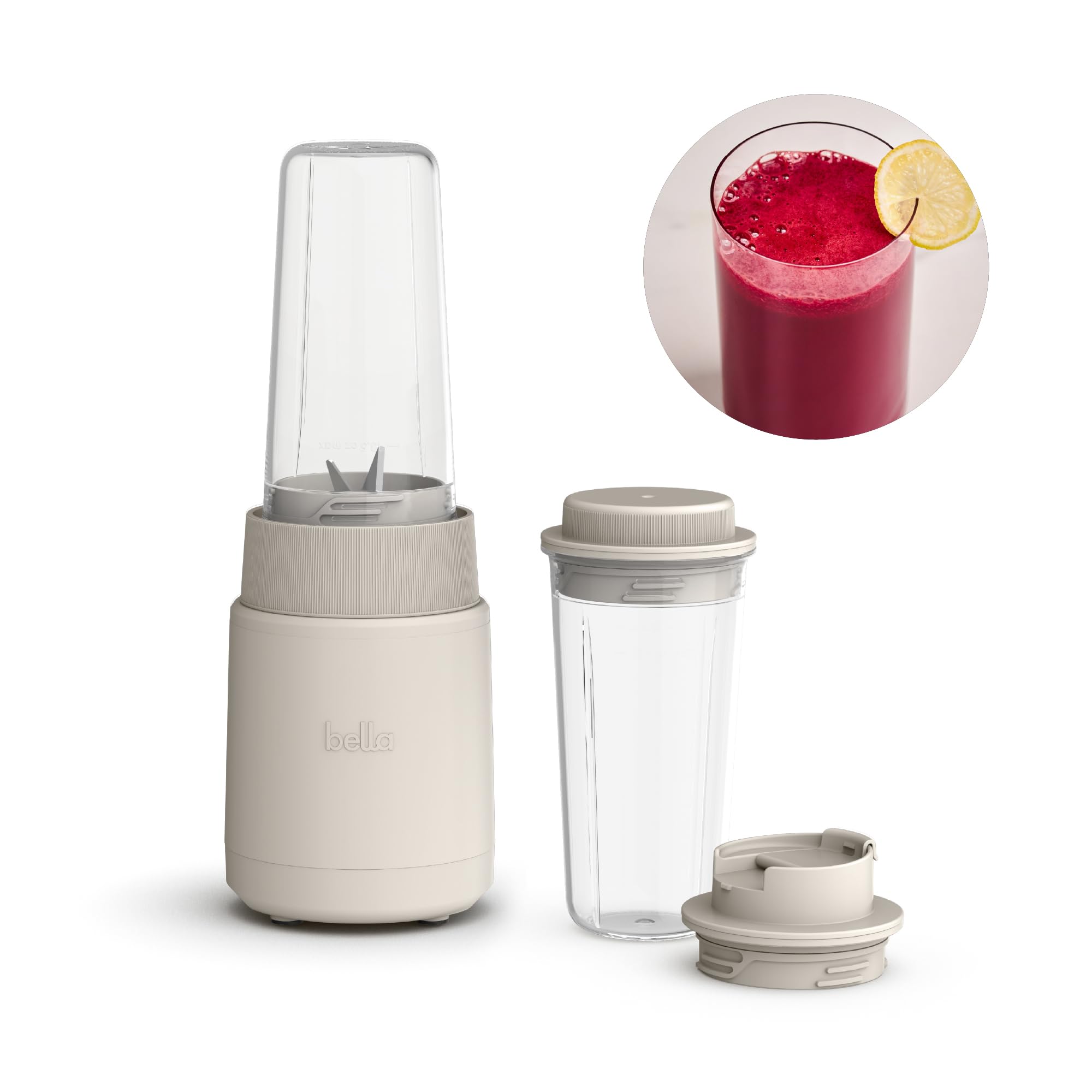 BELLA frontal view of Rocket Blender in Oatmilk color showing compact design and style
