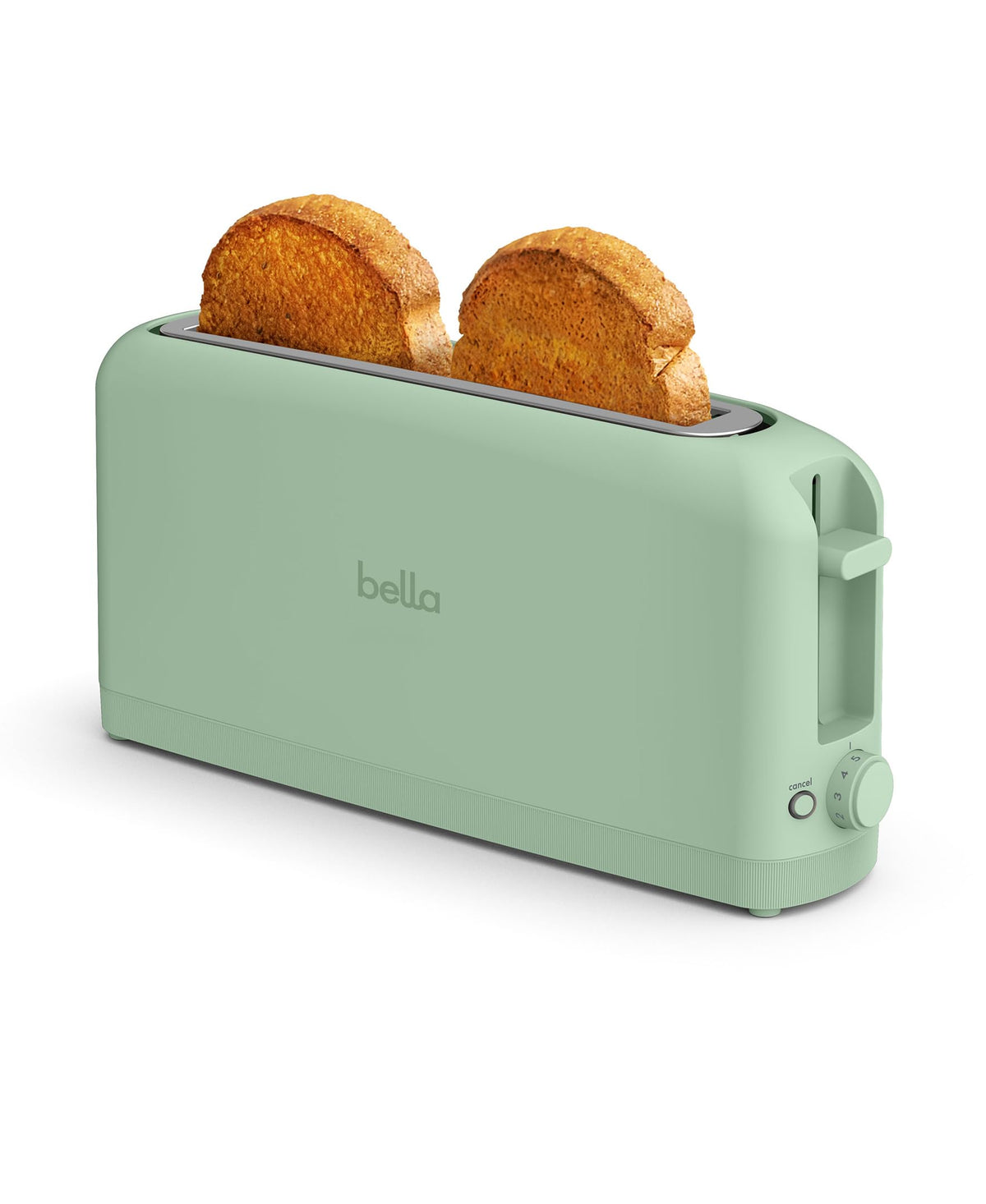 BELLA front view of seaglass long-slot toaster shows space-saving design and style