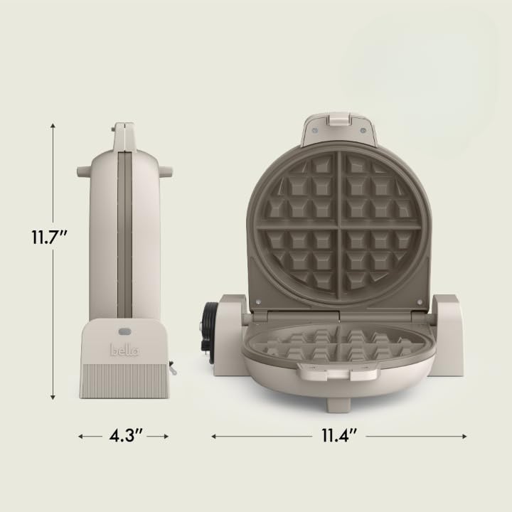 BELLA waffle maker next to coffee mug showing compact scale benefit