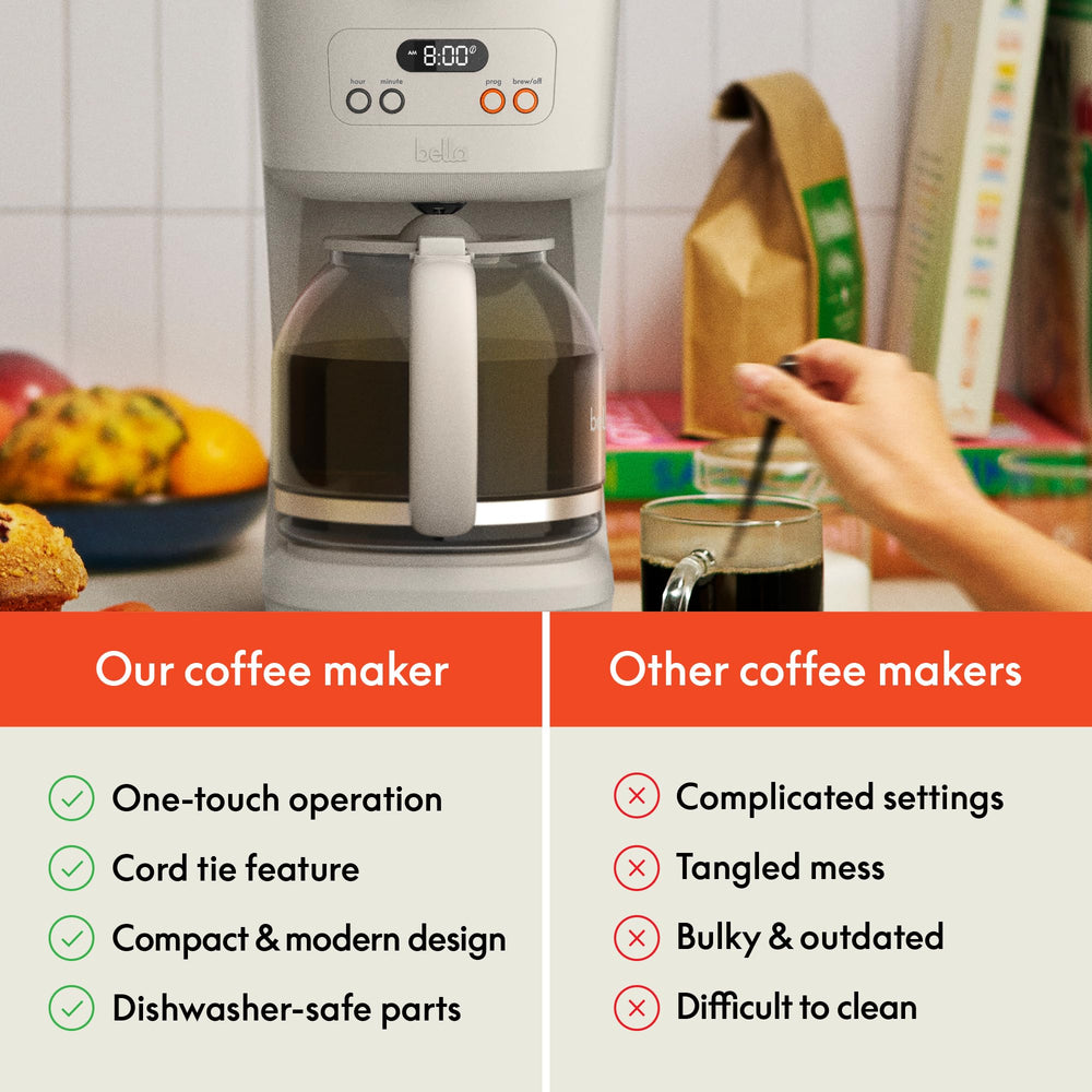 BELLA carafe beside standard mug to show true-to-life capacity benefit