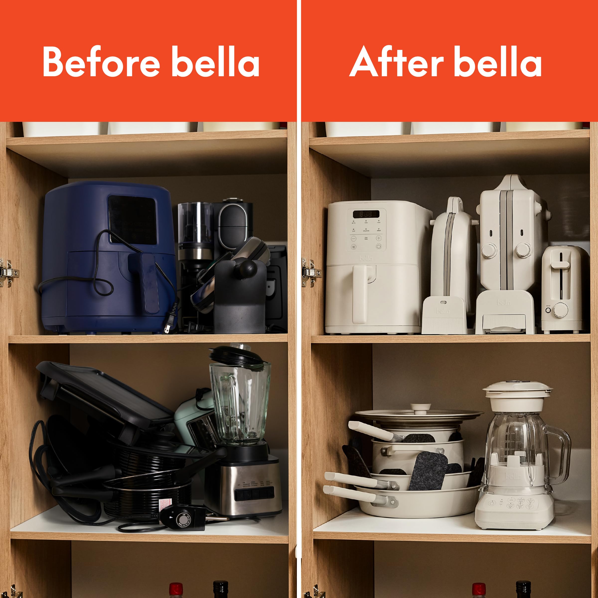 BELLA toaster beside hand for scale illustrating slim 3.58-inch countertop profile
