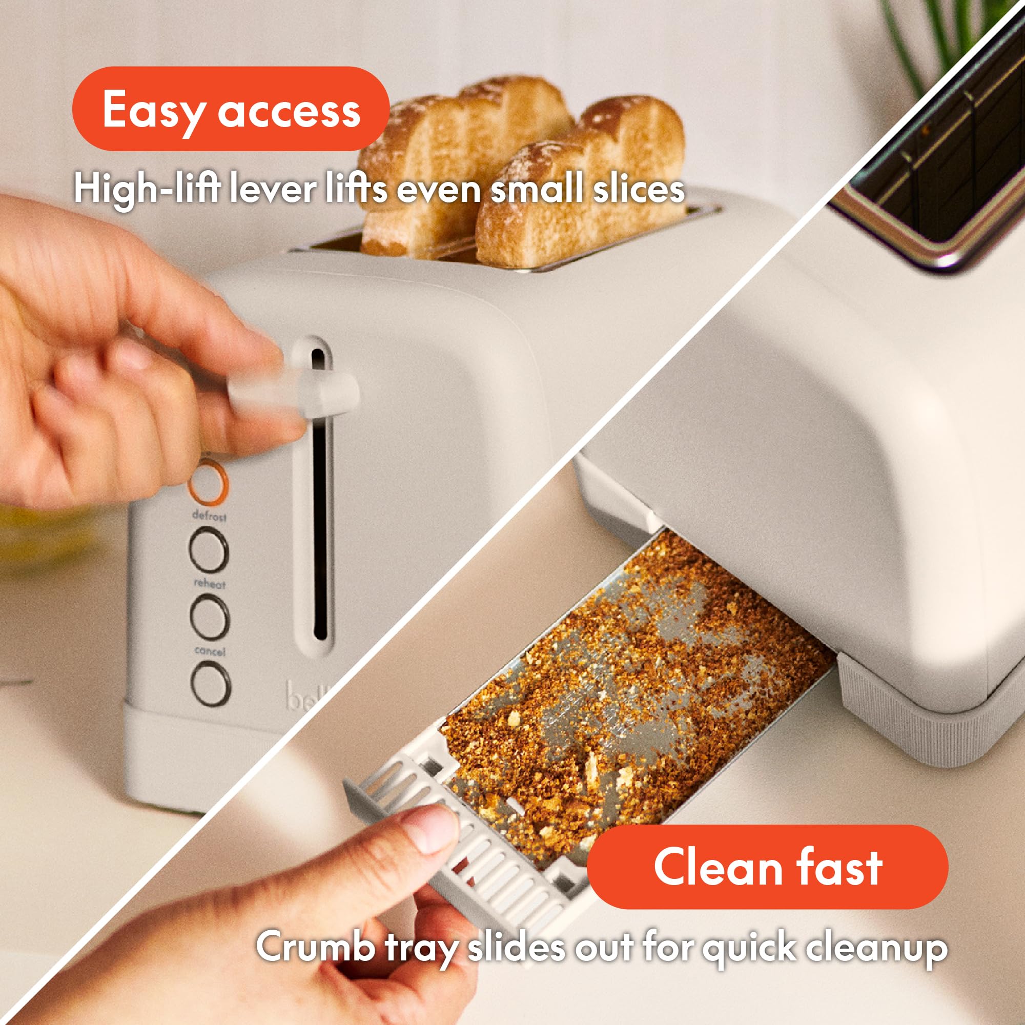 BELLA removable crumb tray pulled out for quick clean-up convenience