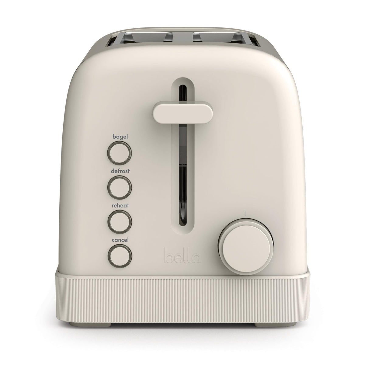 BELLA toaster front view showing Oatmilk finish and sleek design benefits