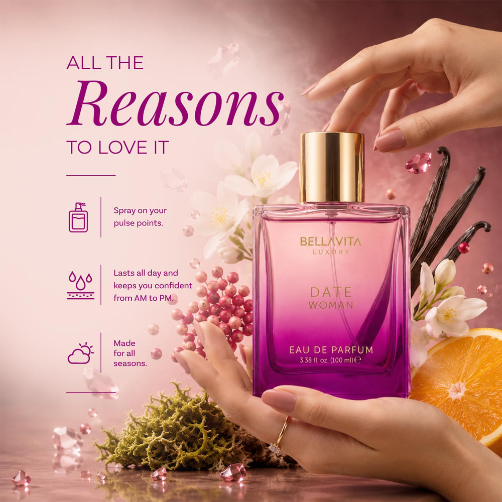Bella Vita Luxury Date fragrance droplets on glass emphasizing concentrated parfum oils