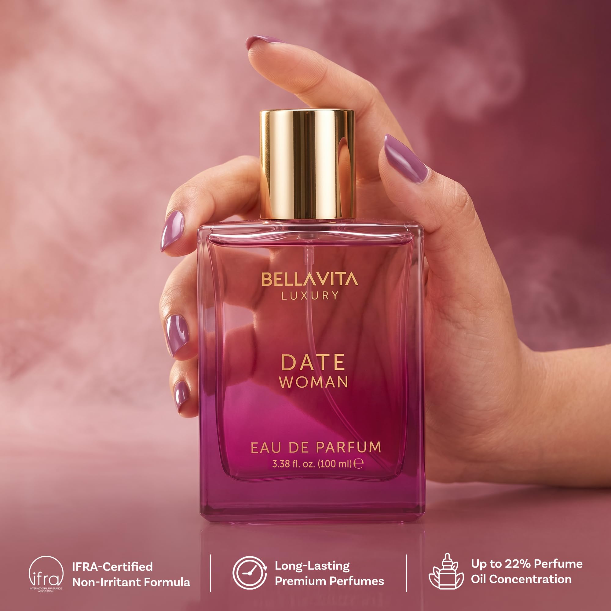 Bella Vita Luxury Date bottle held in hand to show 100 ml scale and everyday portability