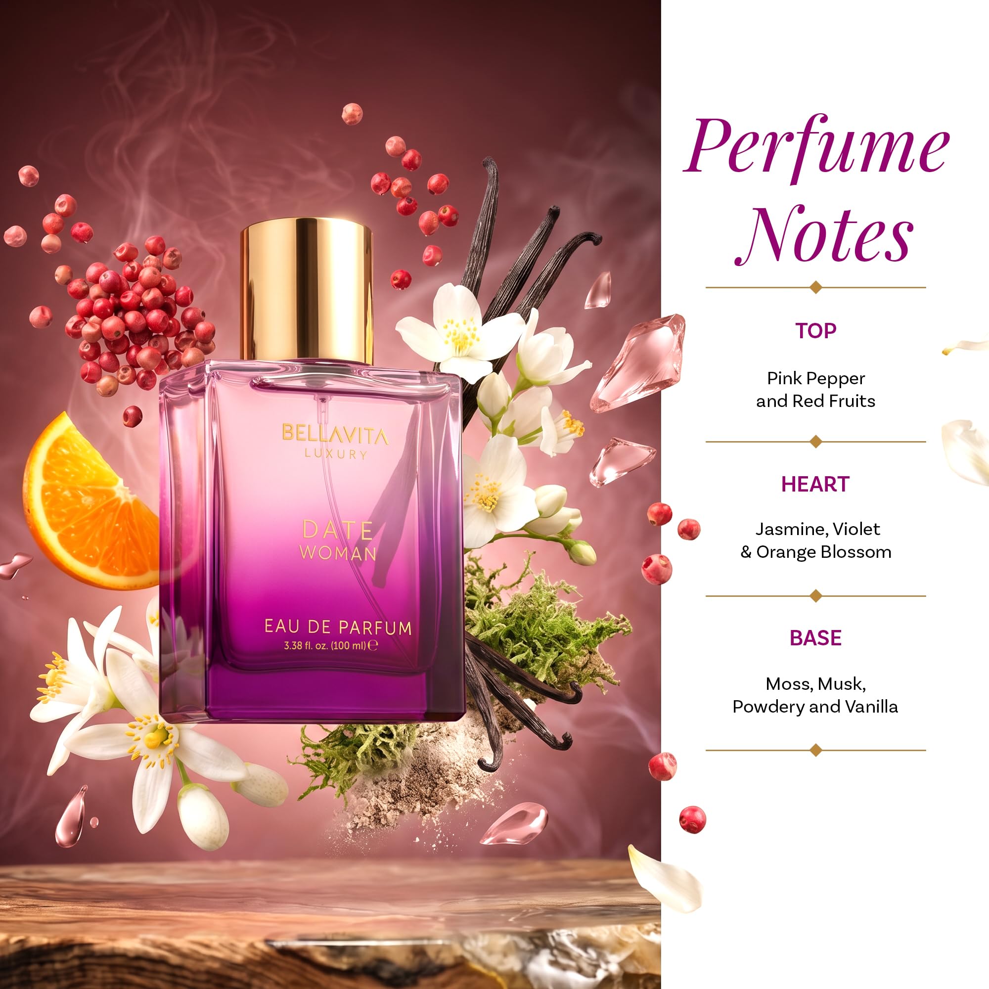 Act of spraying Bella Vita Luxury Date EDP illustrating easy application and fine mist