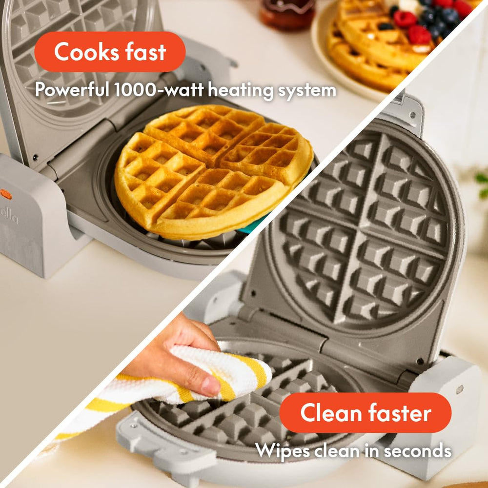 BELLA cooked 7-inch Belgian waffle on plate showcasing deep pockets