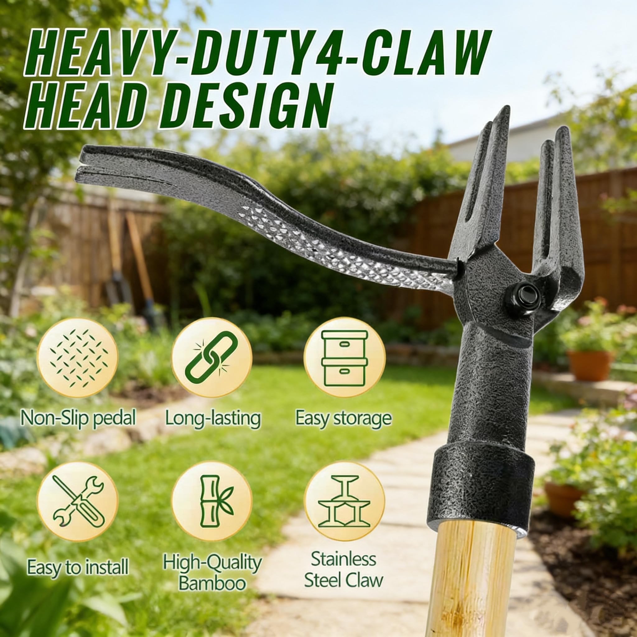 BellaJoyz using tool in garden bed removing weeds without bending