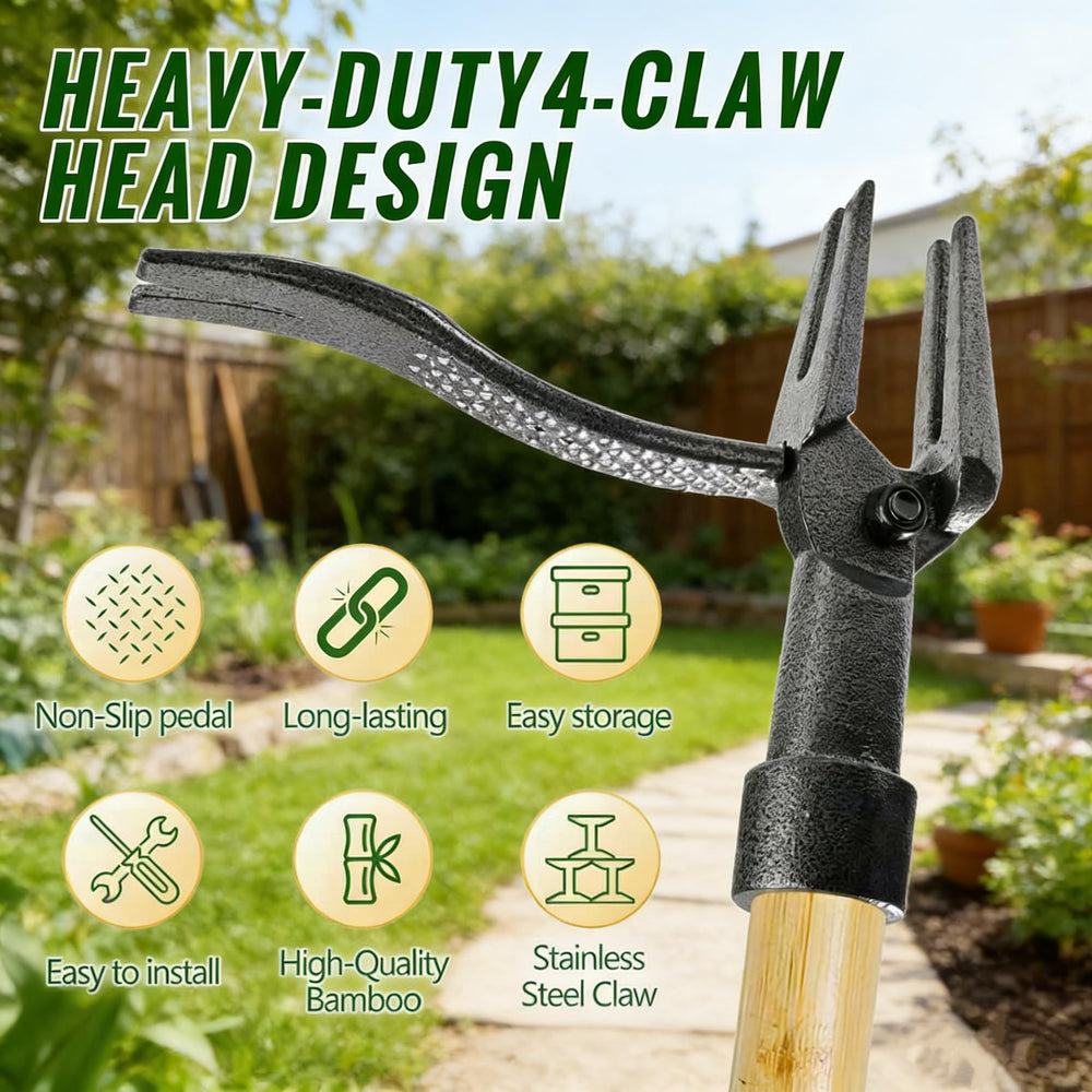 BellaJoyz using tool in garden bed removing weeds without bending