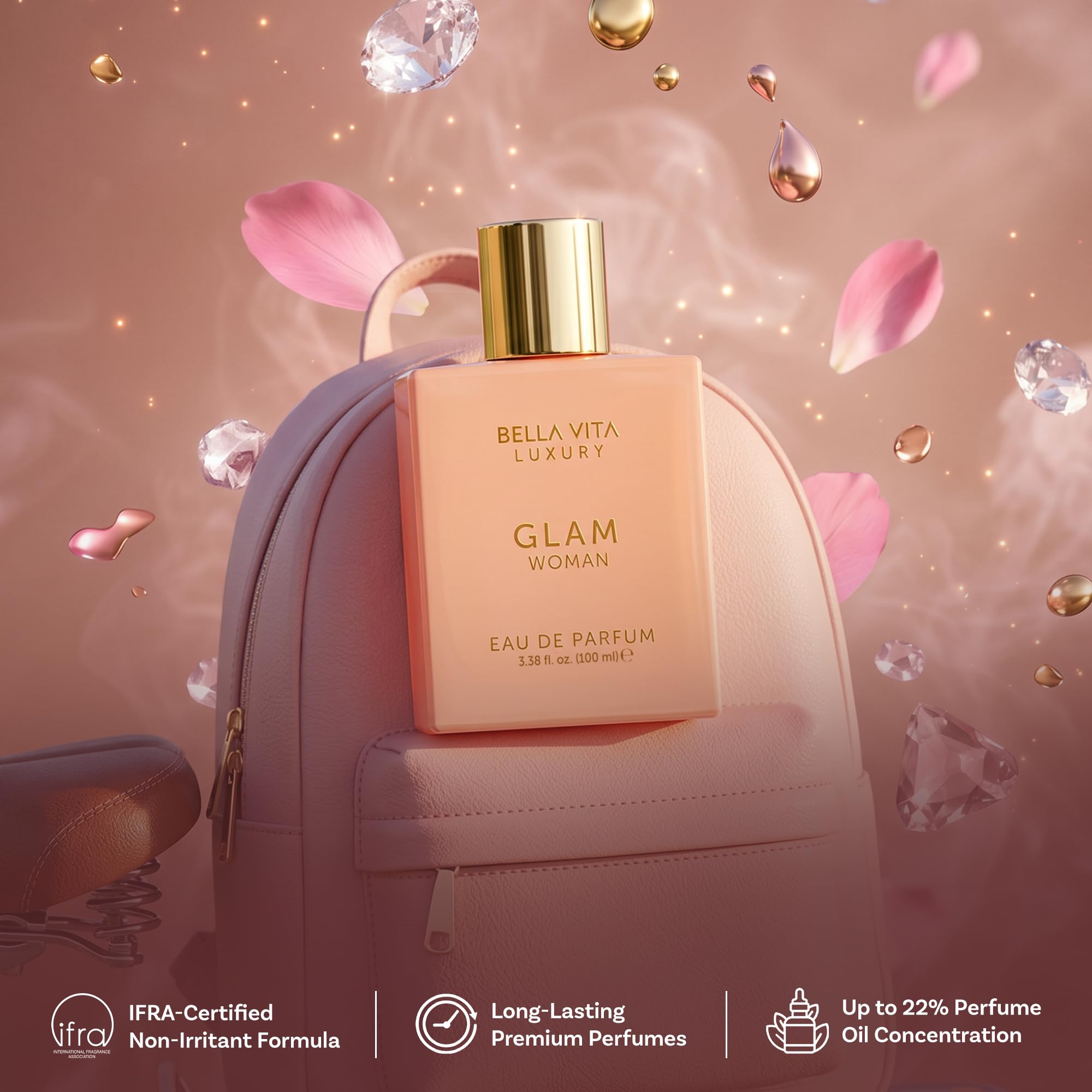 Bellavita Luxury notes collage with orange, jasmine, and patchouli suggesting scent profile
