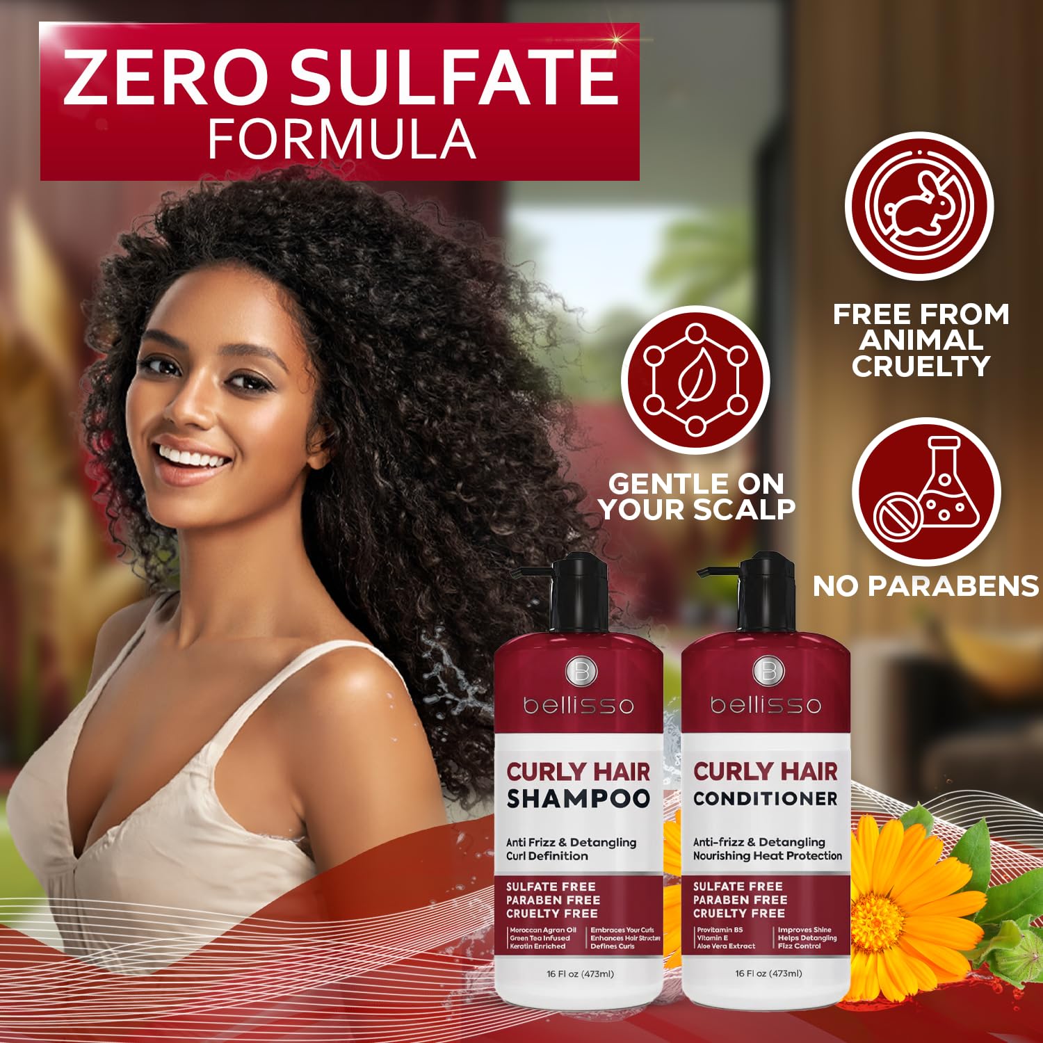 BELLISSO ingredient label detail illustrating sulfate-free formula and gentle ingredient benefit