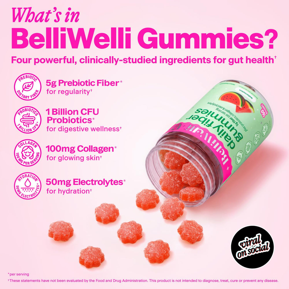 Belli Welli open tub with gummies on spoon showing easy daily scoopable serving